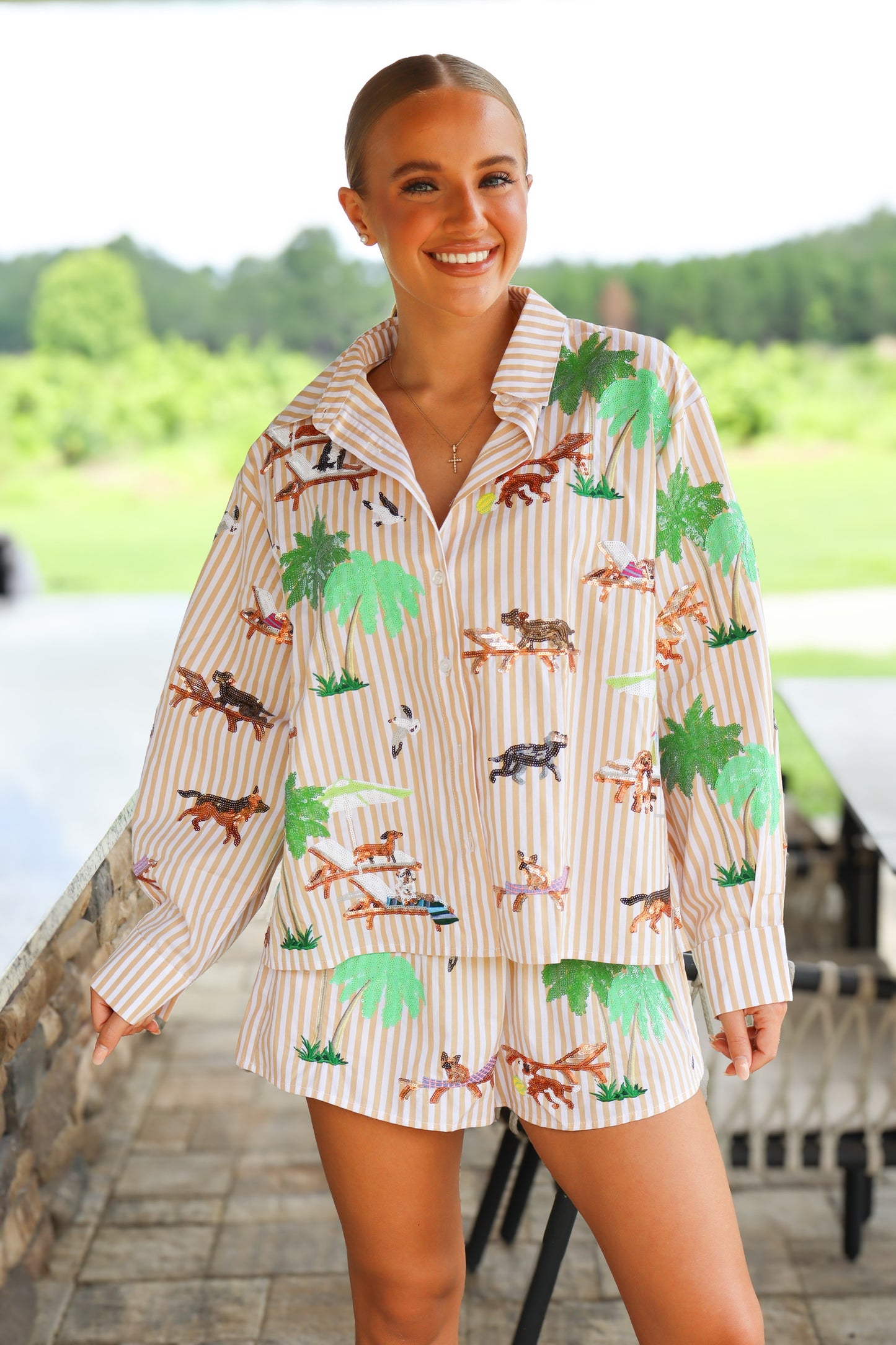 QOS Stripe Dogs Sunbathing Button Up Cotton Top
