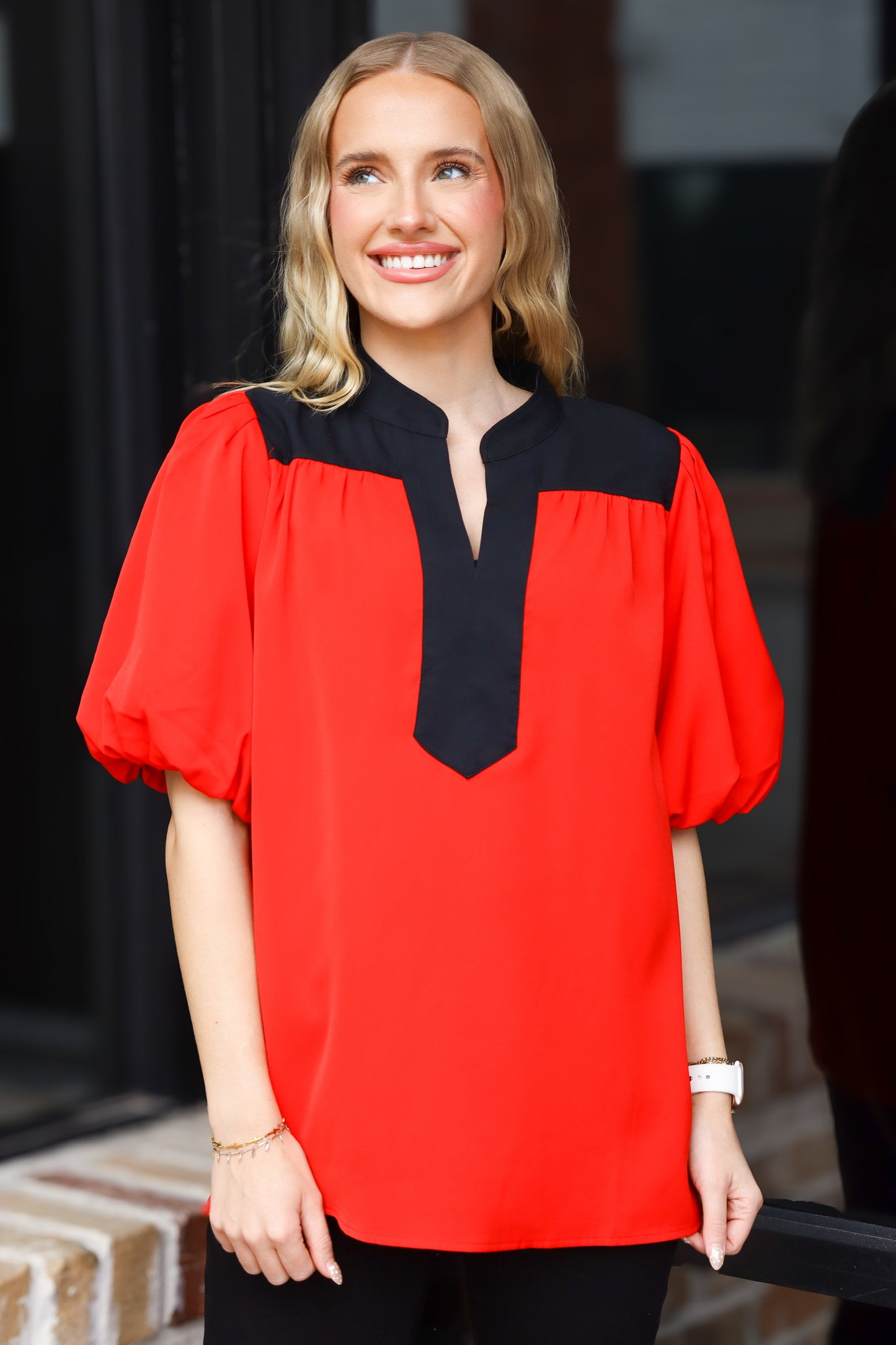 Red & Black Puff Sleeve Top