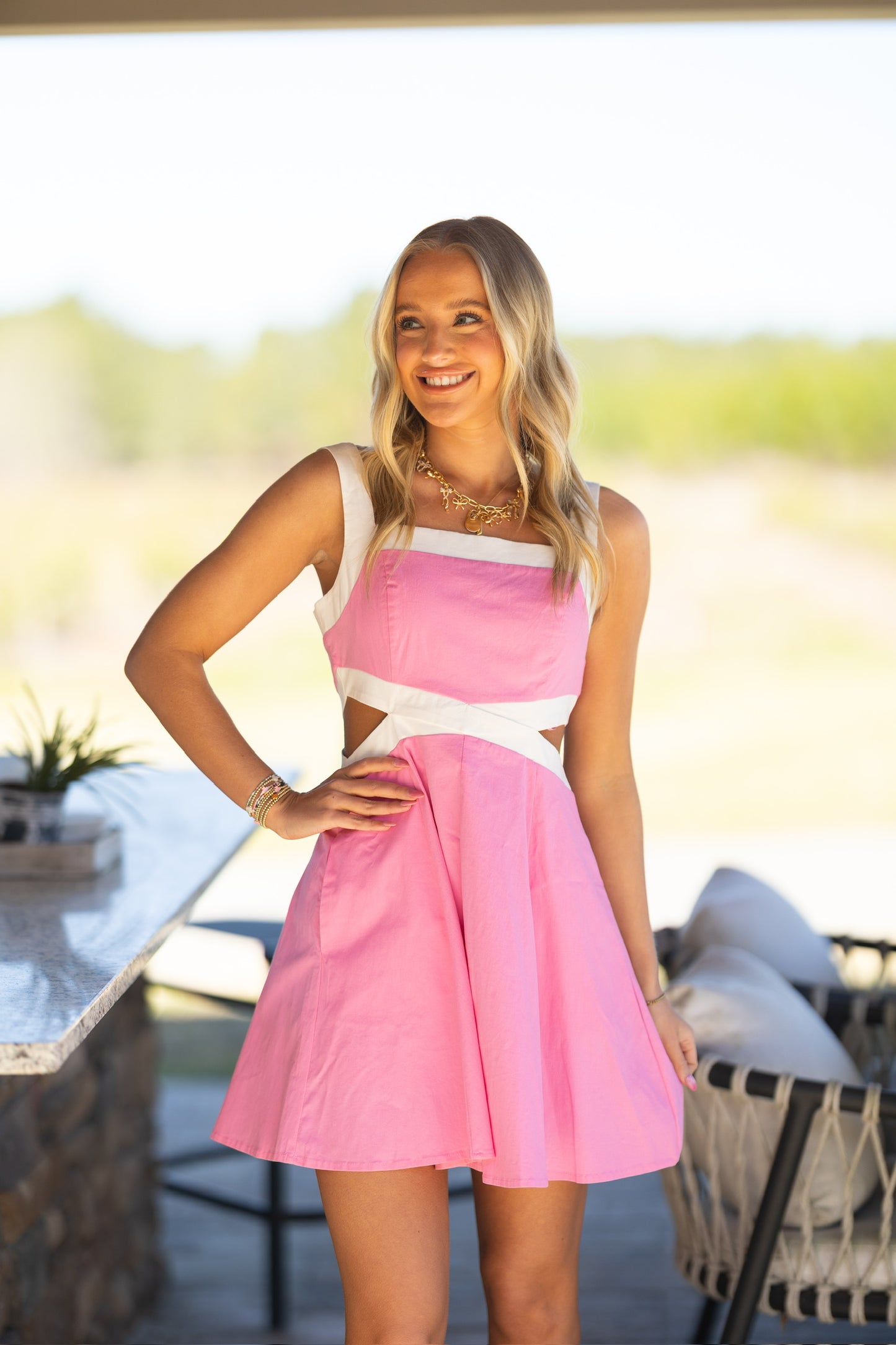 Bright Pink & White Cut Out Dress