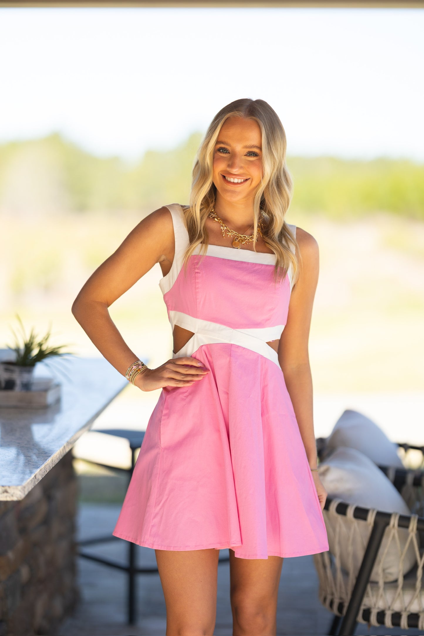 Bright Pink & White Cut Out Dress