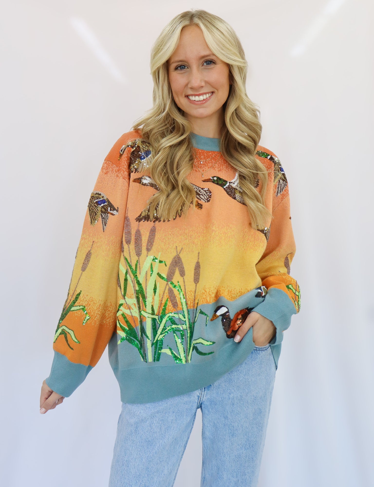 QOS Ducks Flying Sunrise Sweater