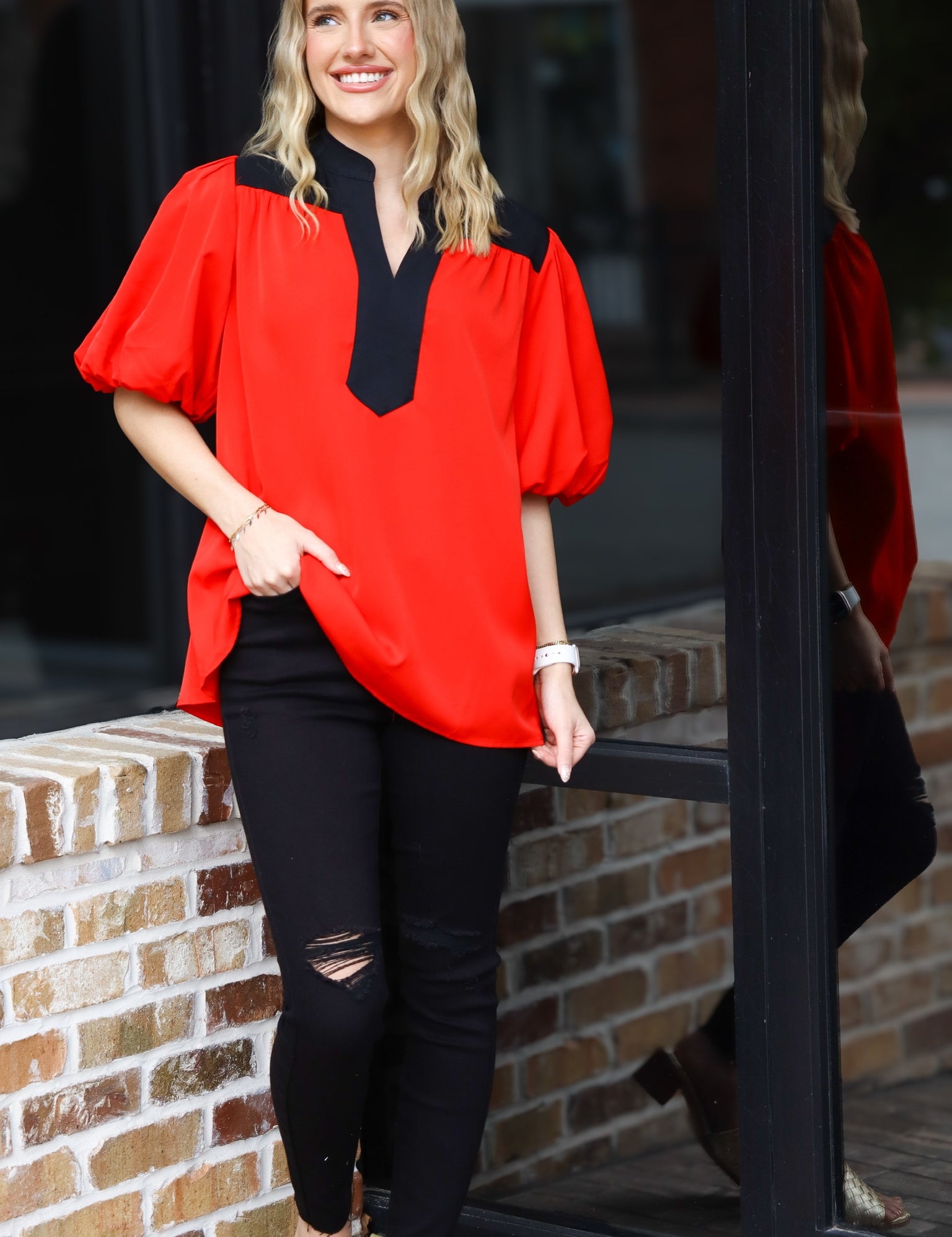 Red & Black Puff Sleeve Top