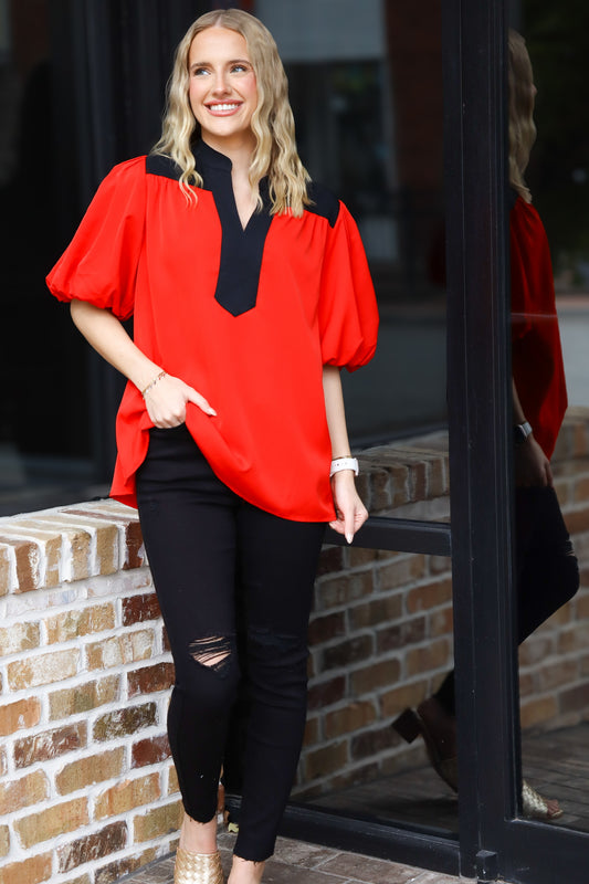 Red & Black Puff Sleeve Top