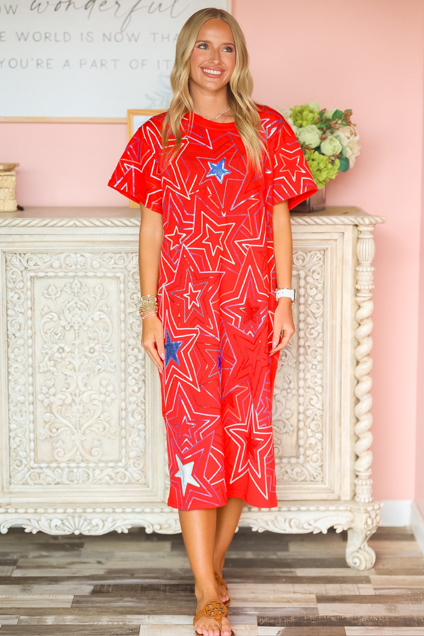 QOS Red,White & Blue Groovy Star Midi- Tee Dress