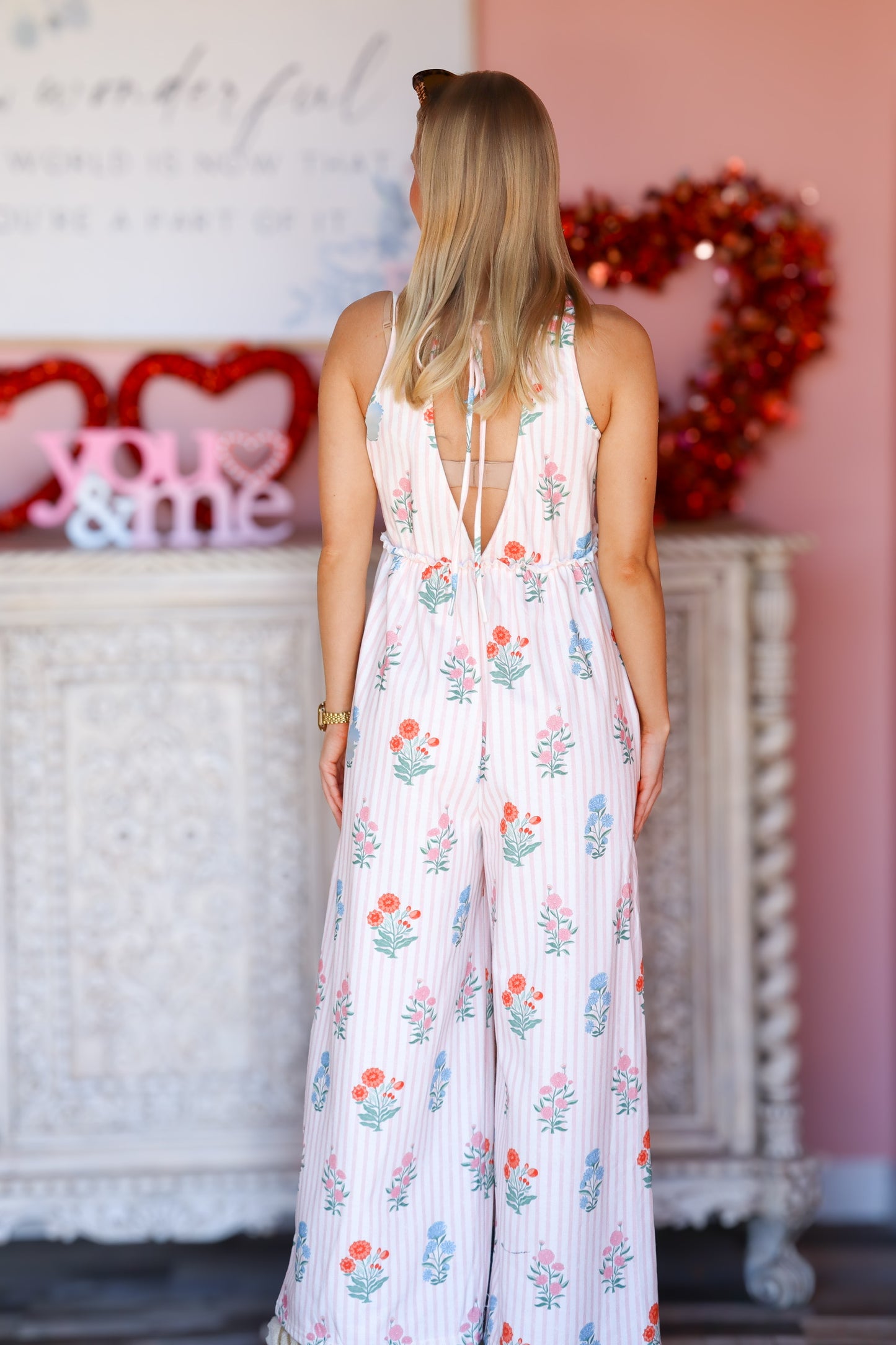 Floral Stripe V-Neck Backless Jumpsuit