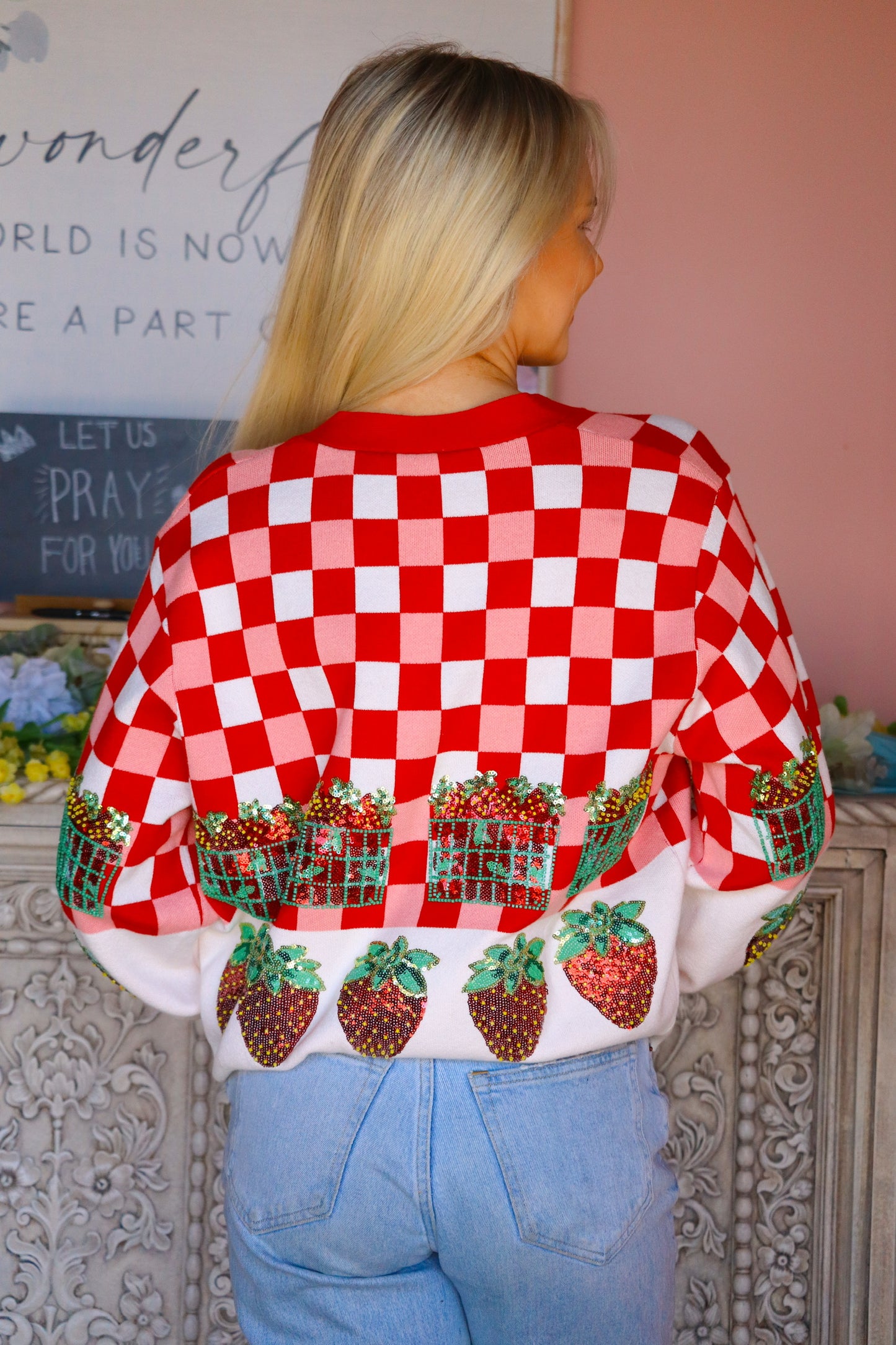 QOS Checkered Strawberry Button Up Cardigan