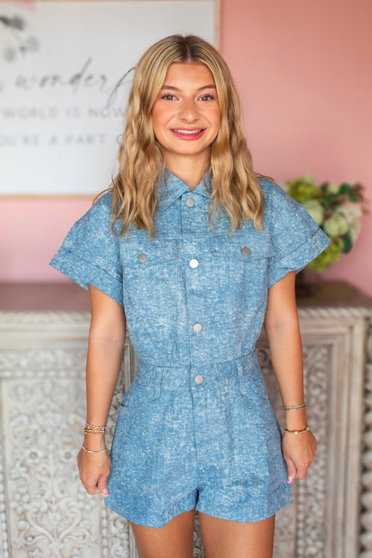 Sparkly denim romper