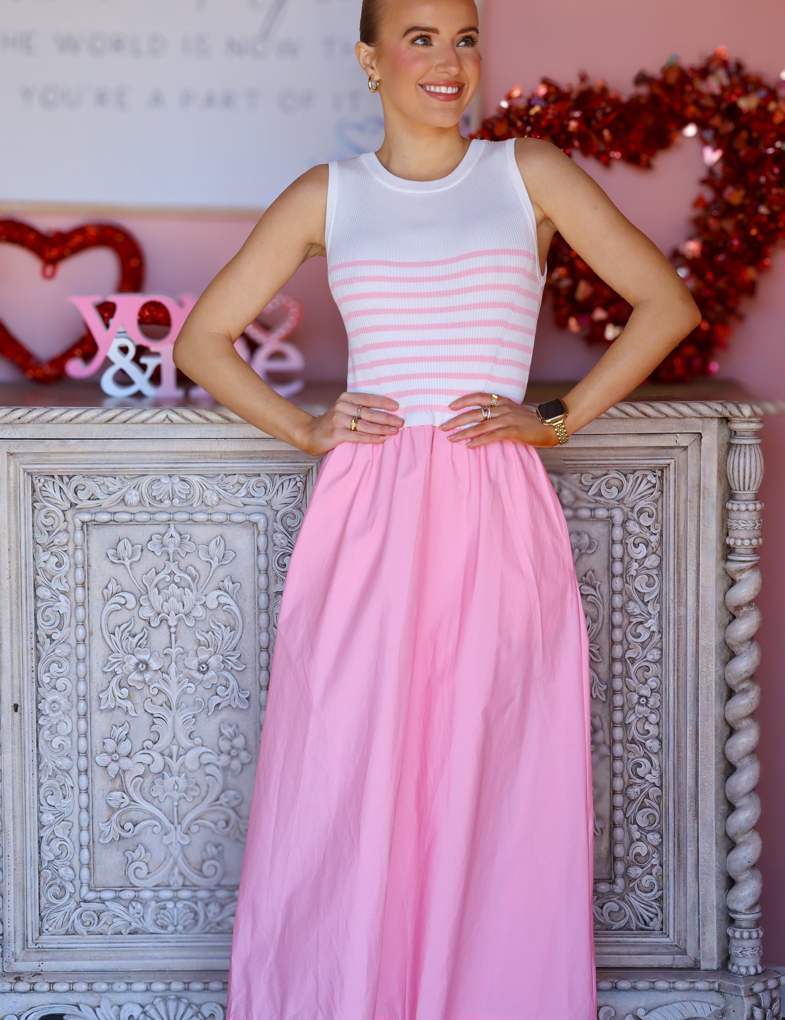 White & Pink Knit Tank Dress