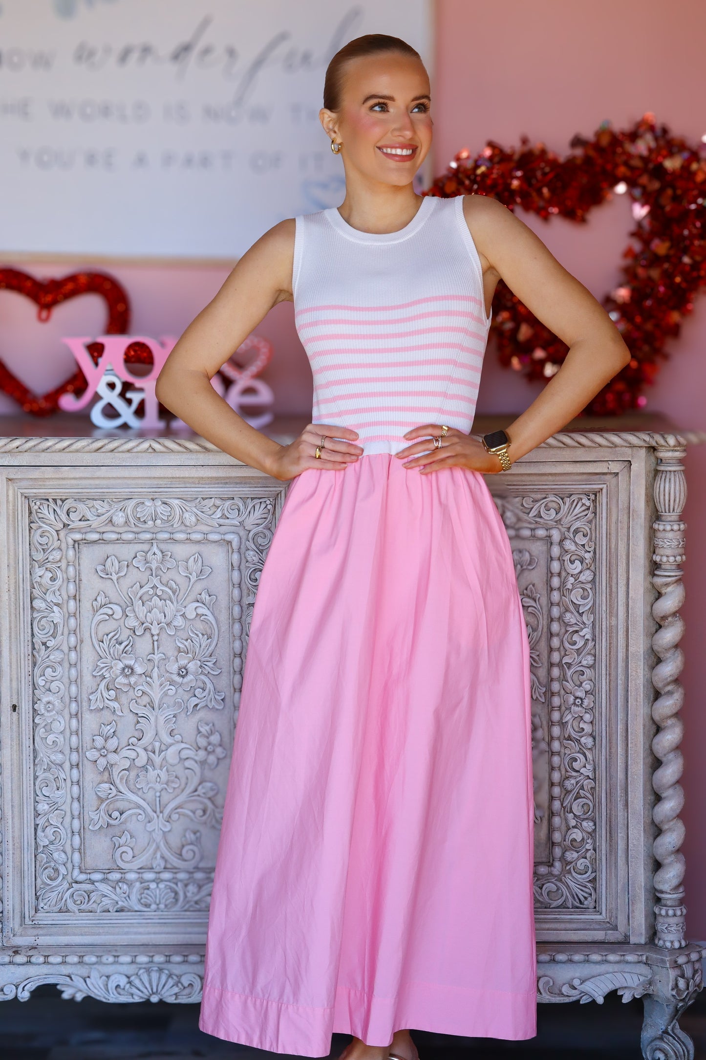 White & Pink Knit Tank Dress