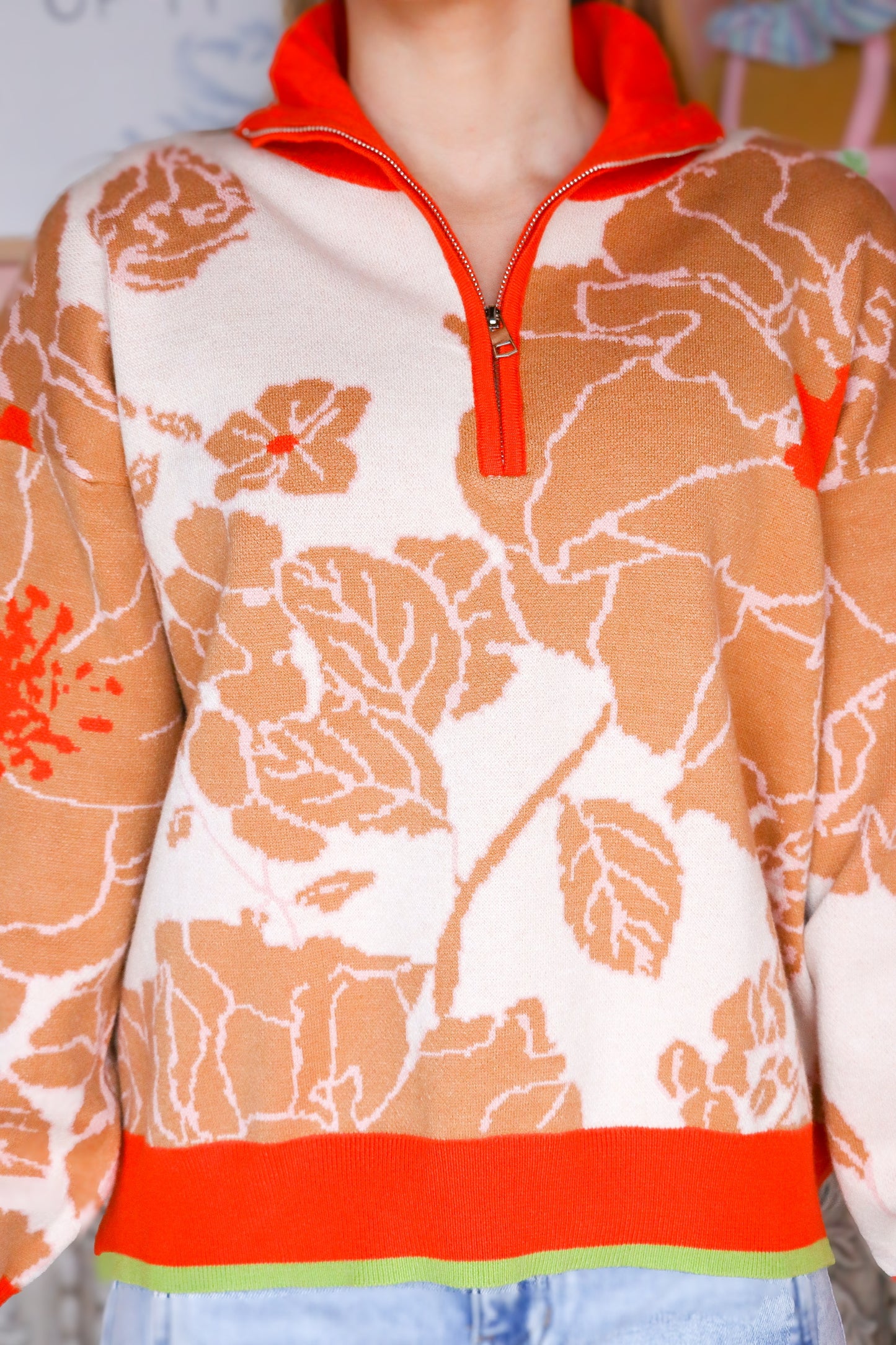 Orange Taupe Half Zip Floral Sweater