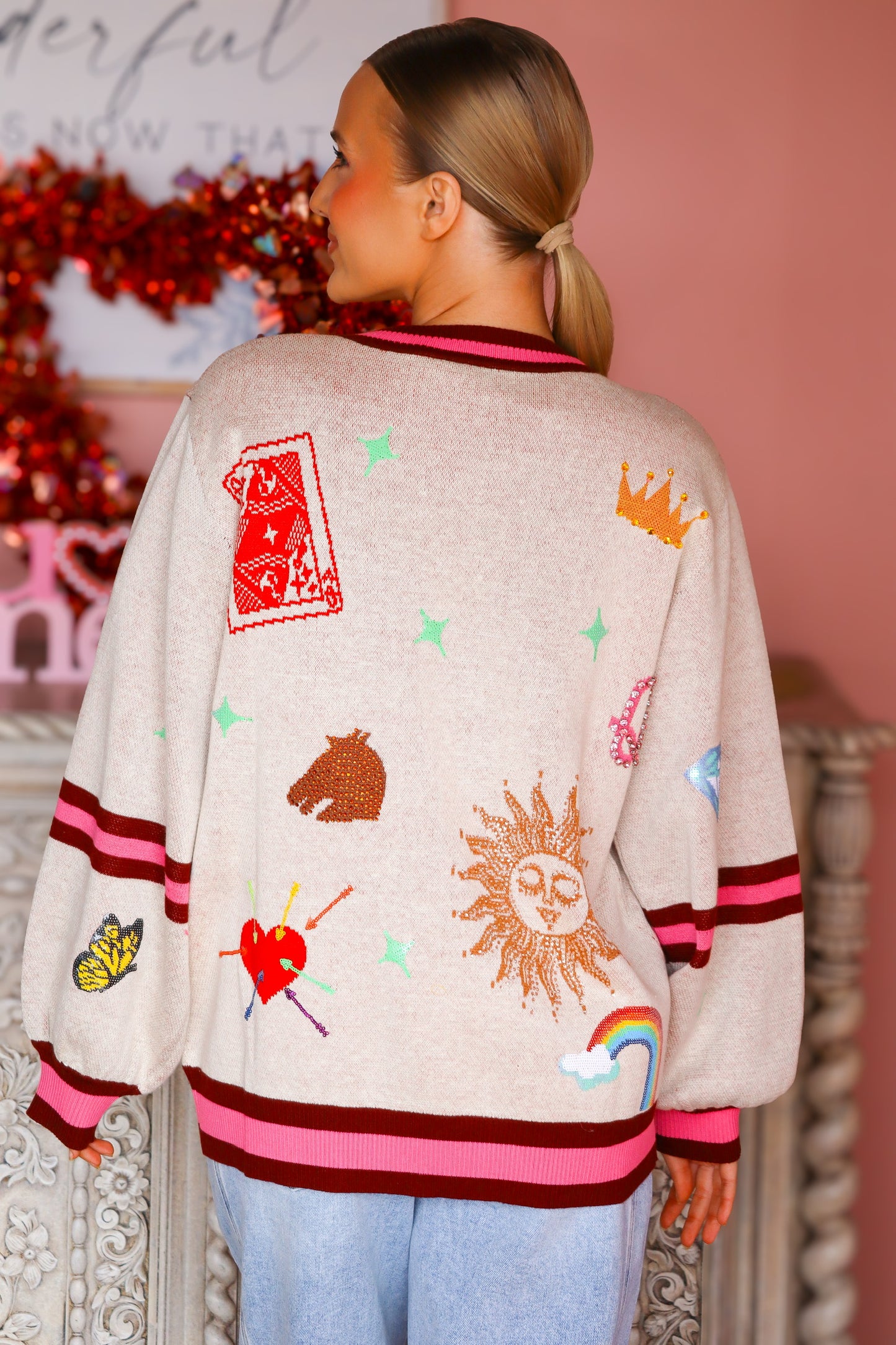 QOS Multi Icon Button Up Cardigan