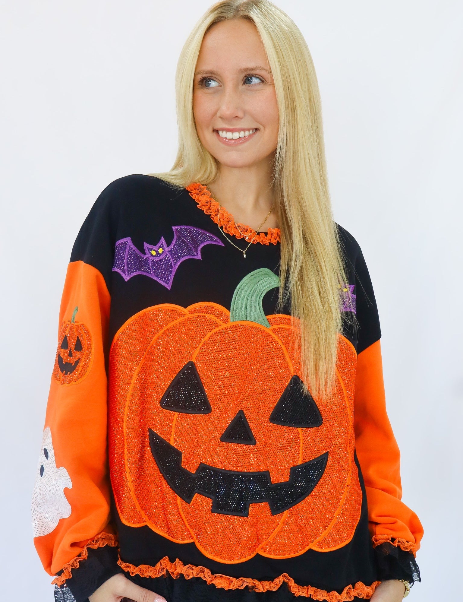 QOS Multi Ruffle Lace Lace Trim Pumpkin & Bat Sweatshirt