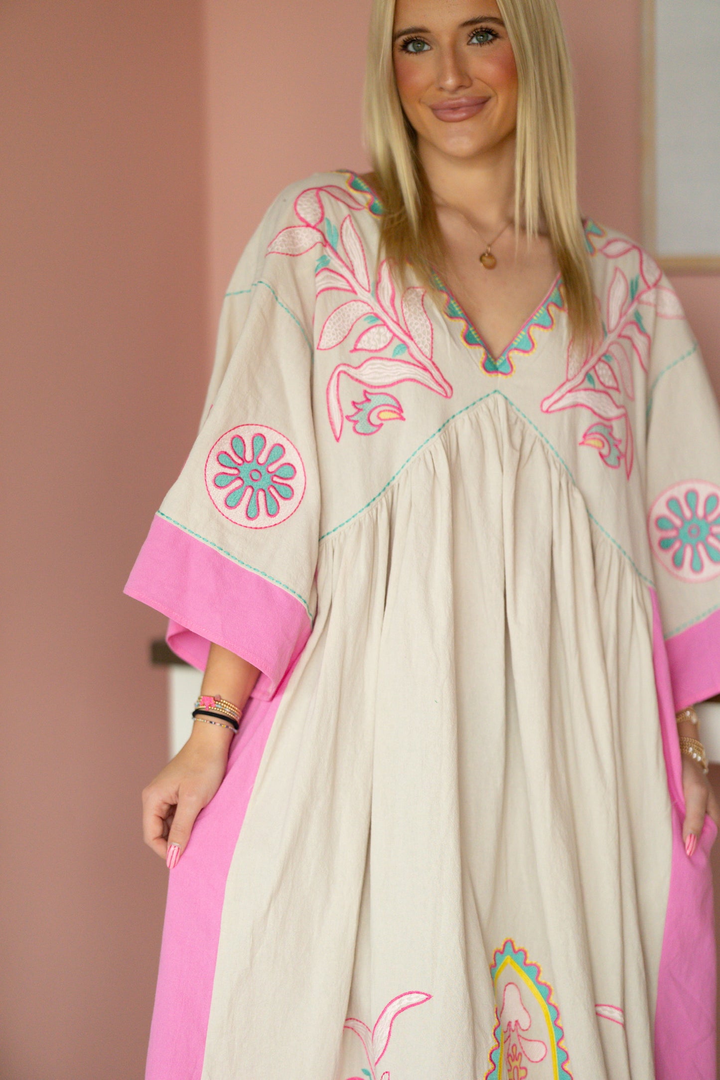 Taupe/Pink V-Neck Maxi Dress