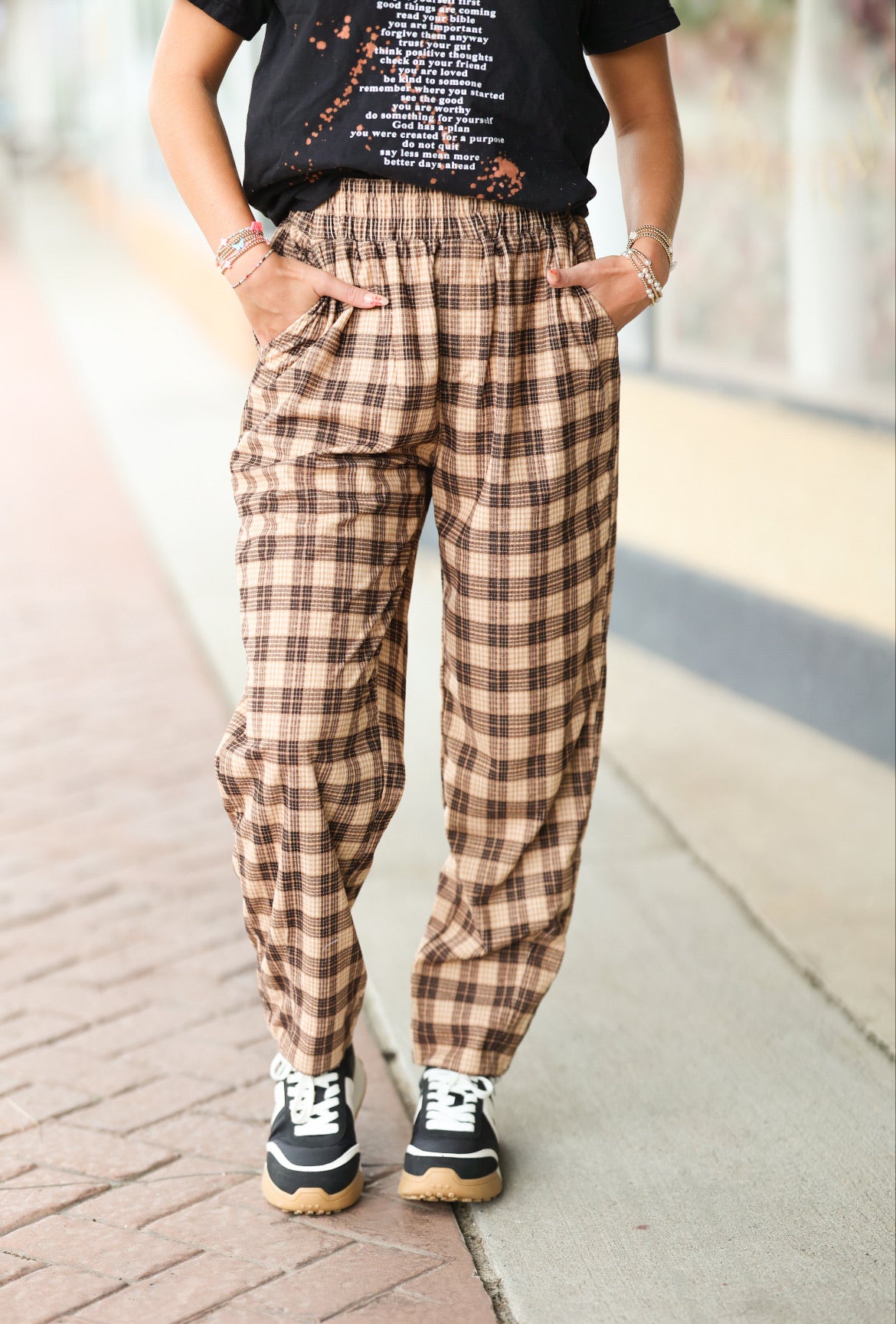 brown plaid pants