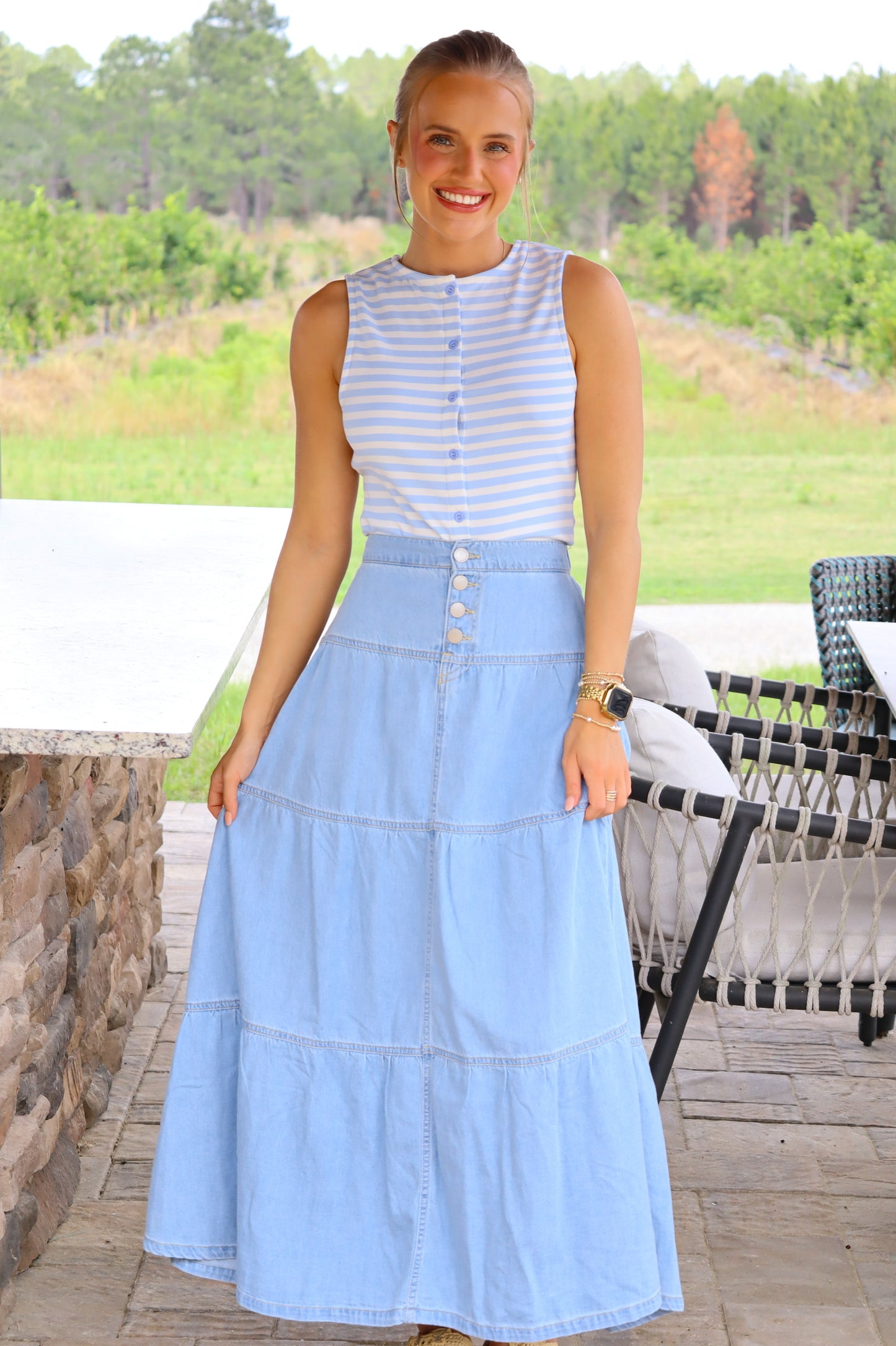 High Rise Ruffle Denim Maxi Skirt