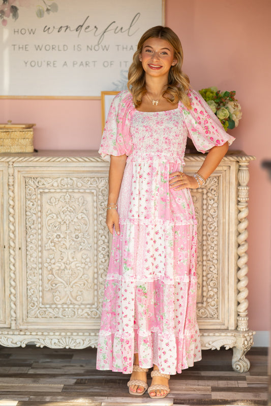 Pink Floral Patchwork Maxi Dres