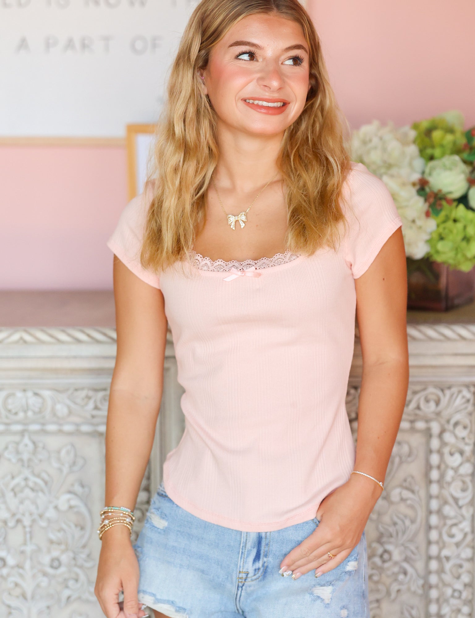 Blush Pink Ribbed Lace Top