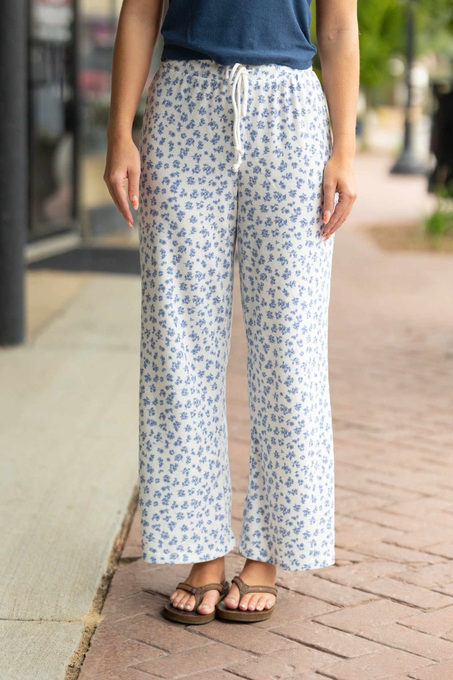 white & blue floral pants