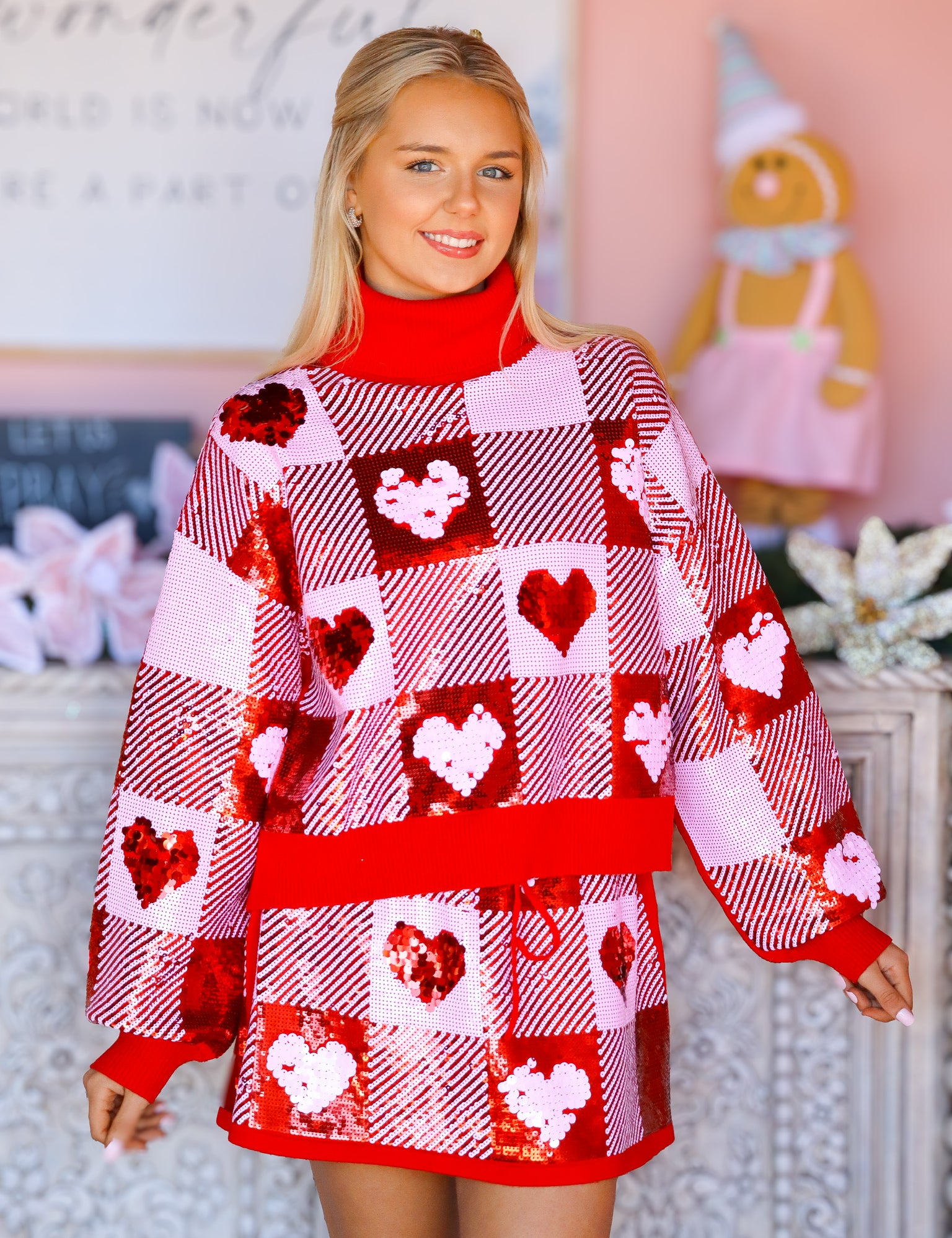 Sequin Hearts Plaid Skirt