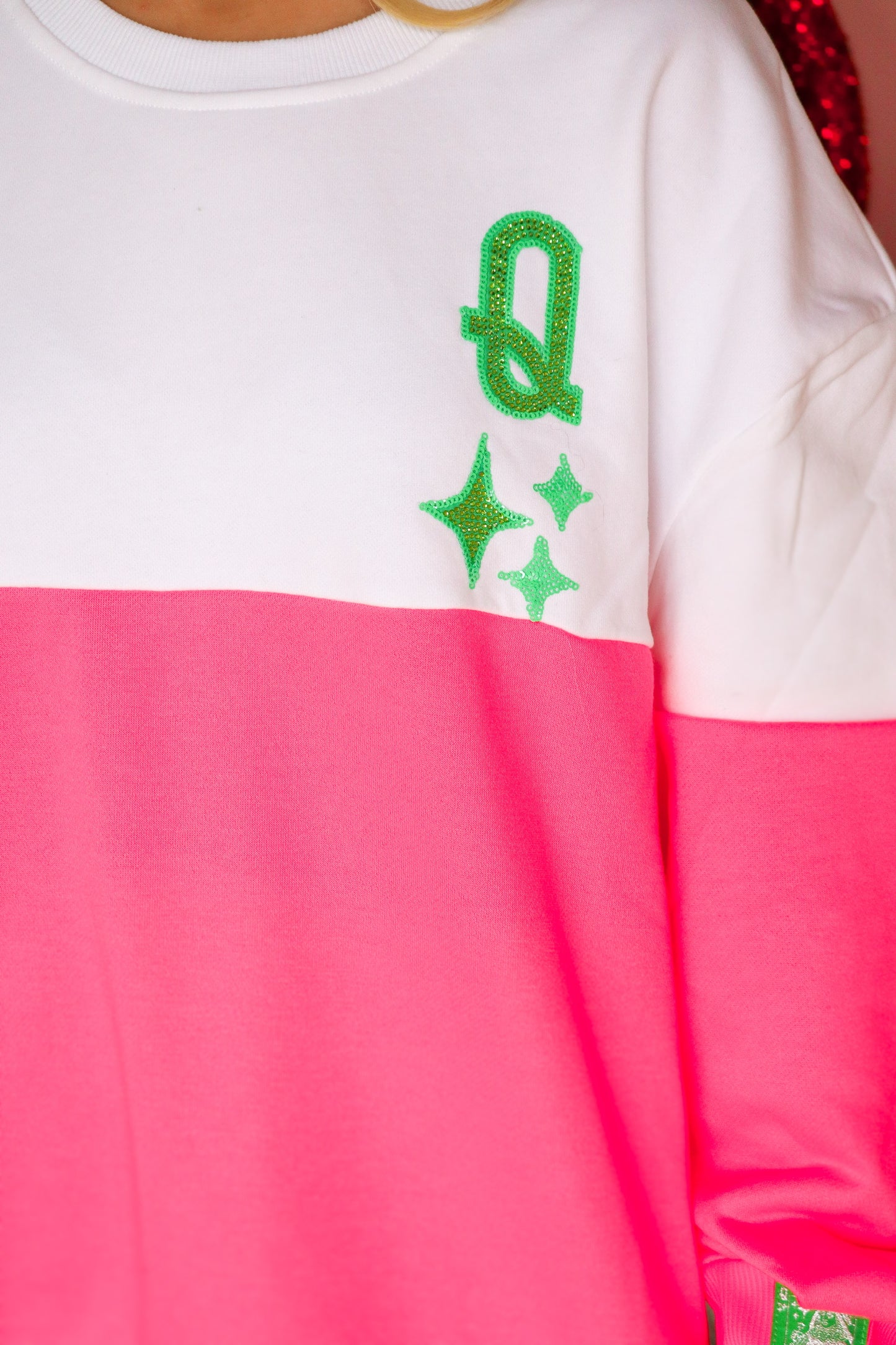 QOS White & Pink Color Block Logo Card Sweatshirt