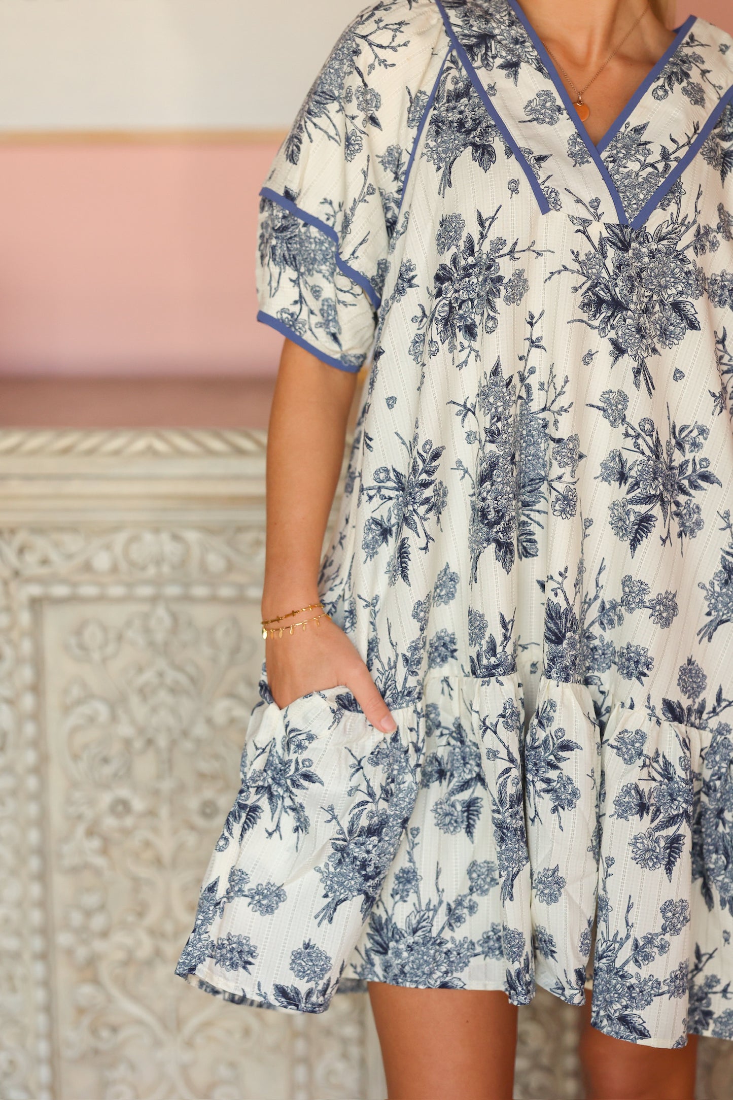 Blue Floral V-Neck Dress