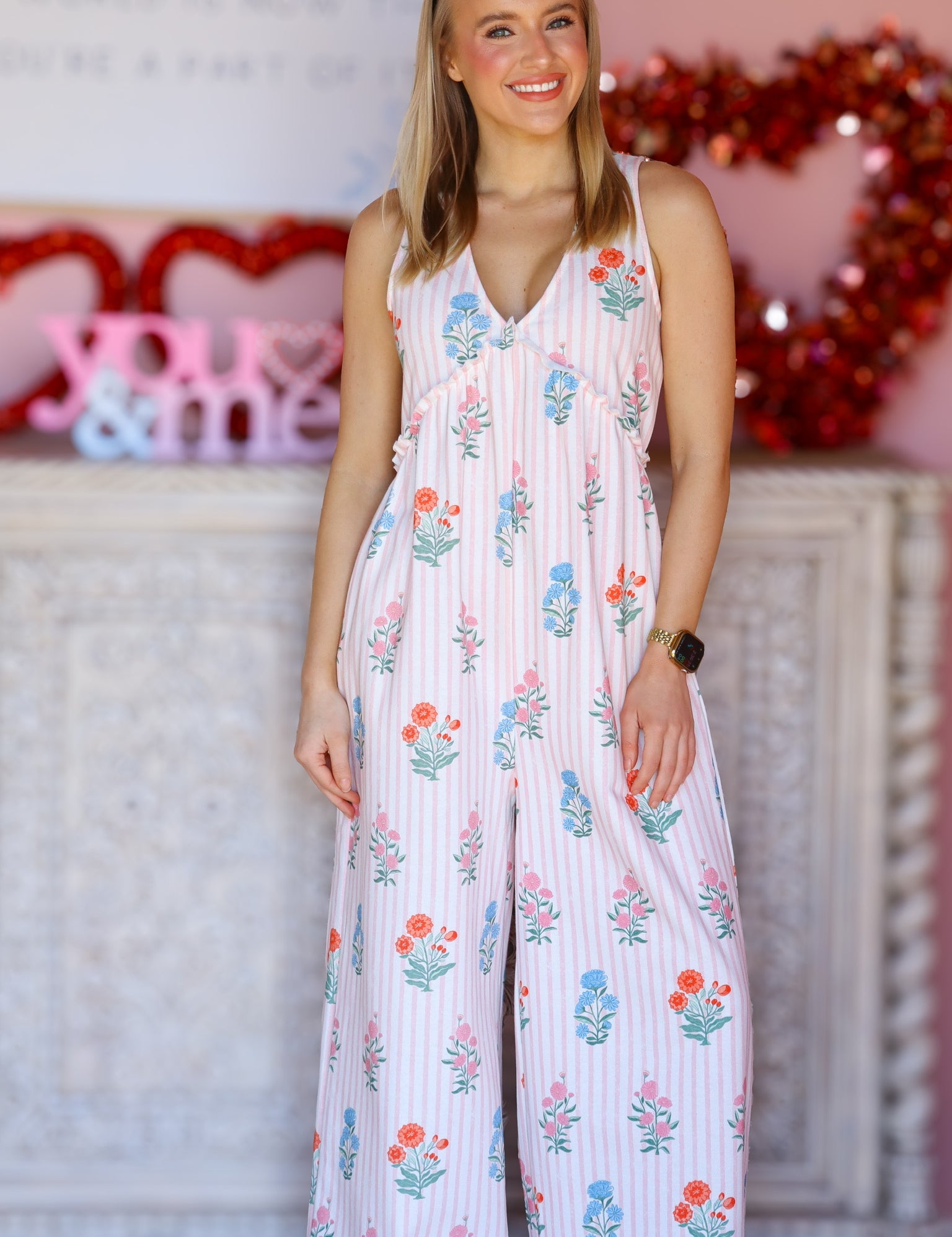 Floral Stripe V-Neck Backless Jumpsuit