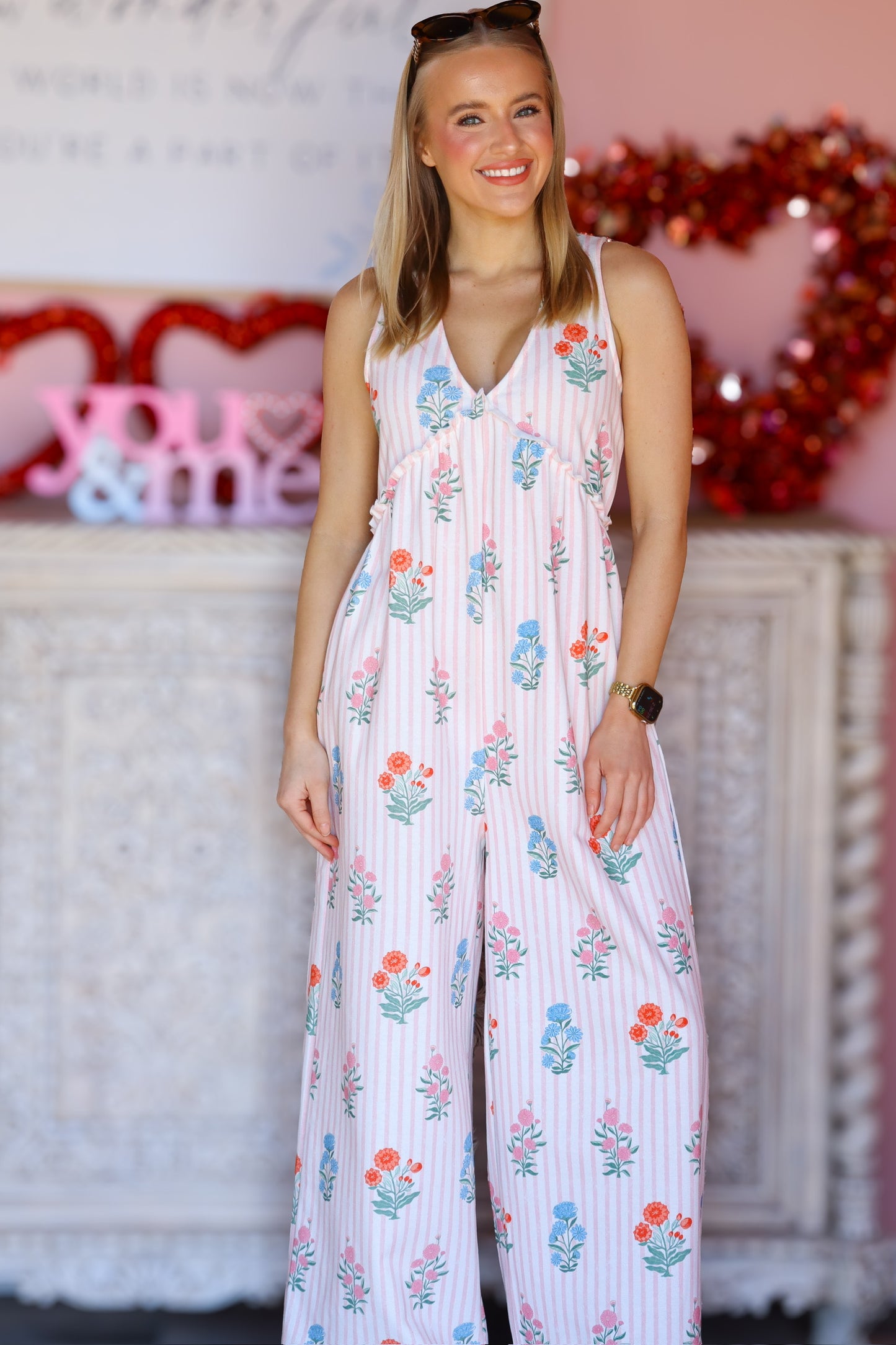 Floral Stripe V-Neck Backless Jumpsuit