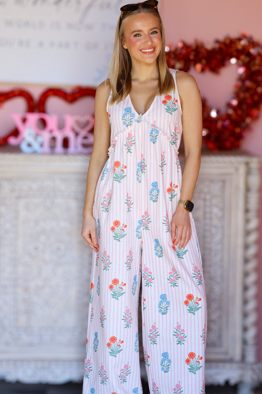 Floral Stripe V-Neck Backless Jumpsuit