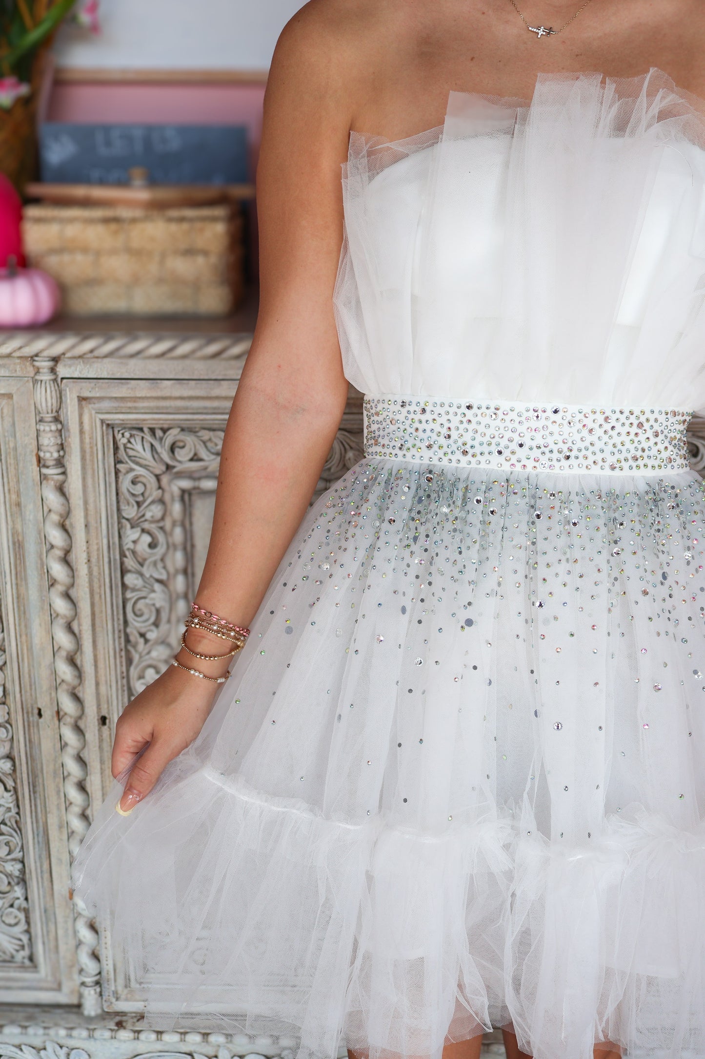 White Strapless Rhinestone Mini Dress