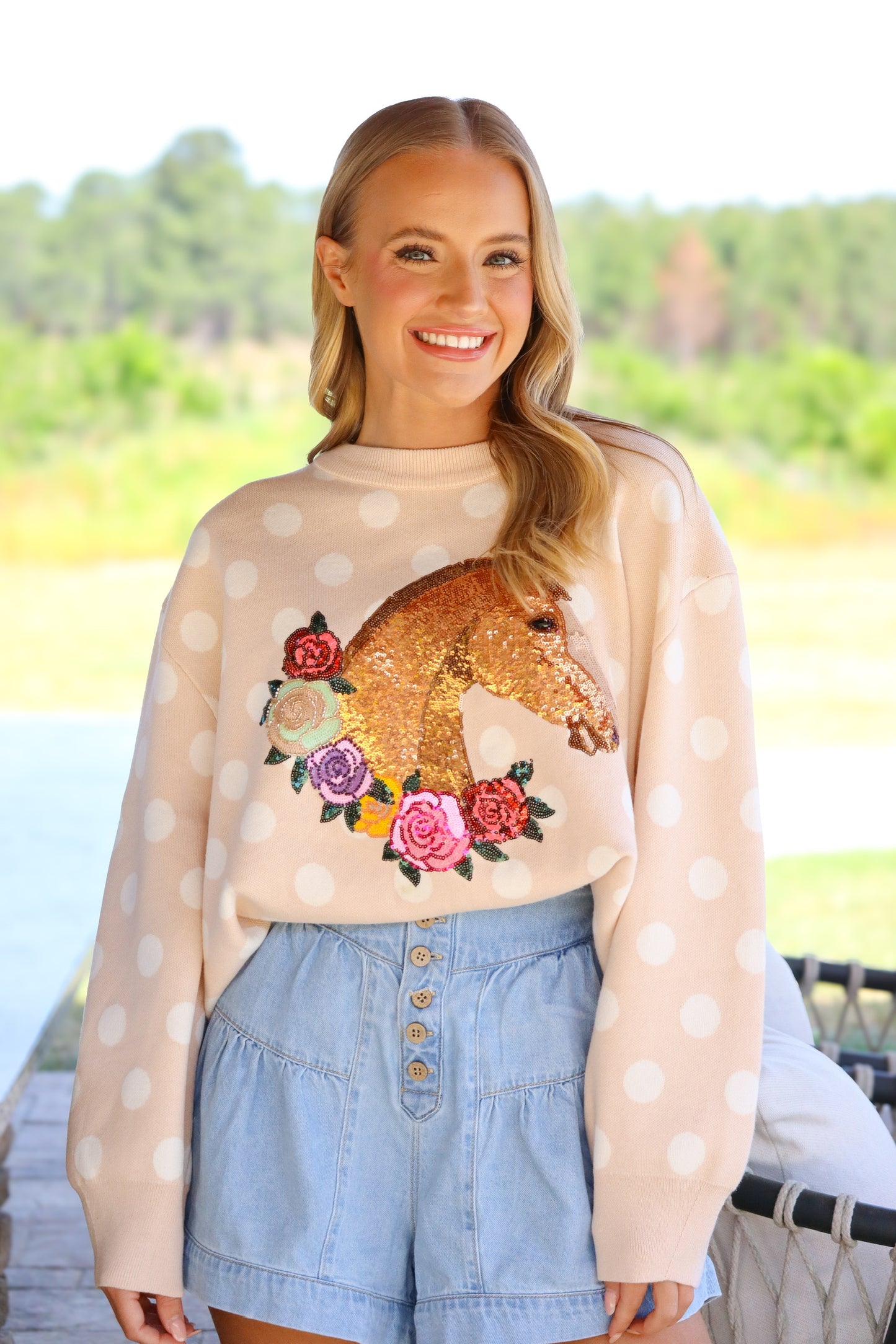 QOS Tan Polka Dot Horse Sweater