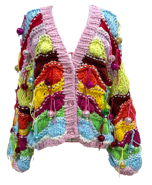 QOS Rainbow Color Block Disco Ball Cardigan