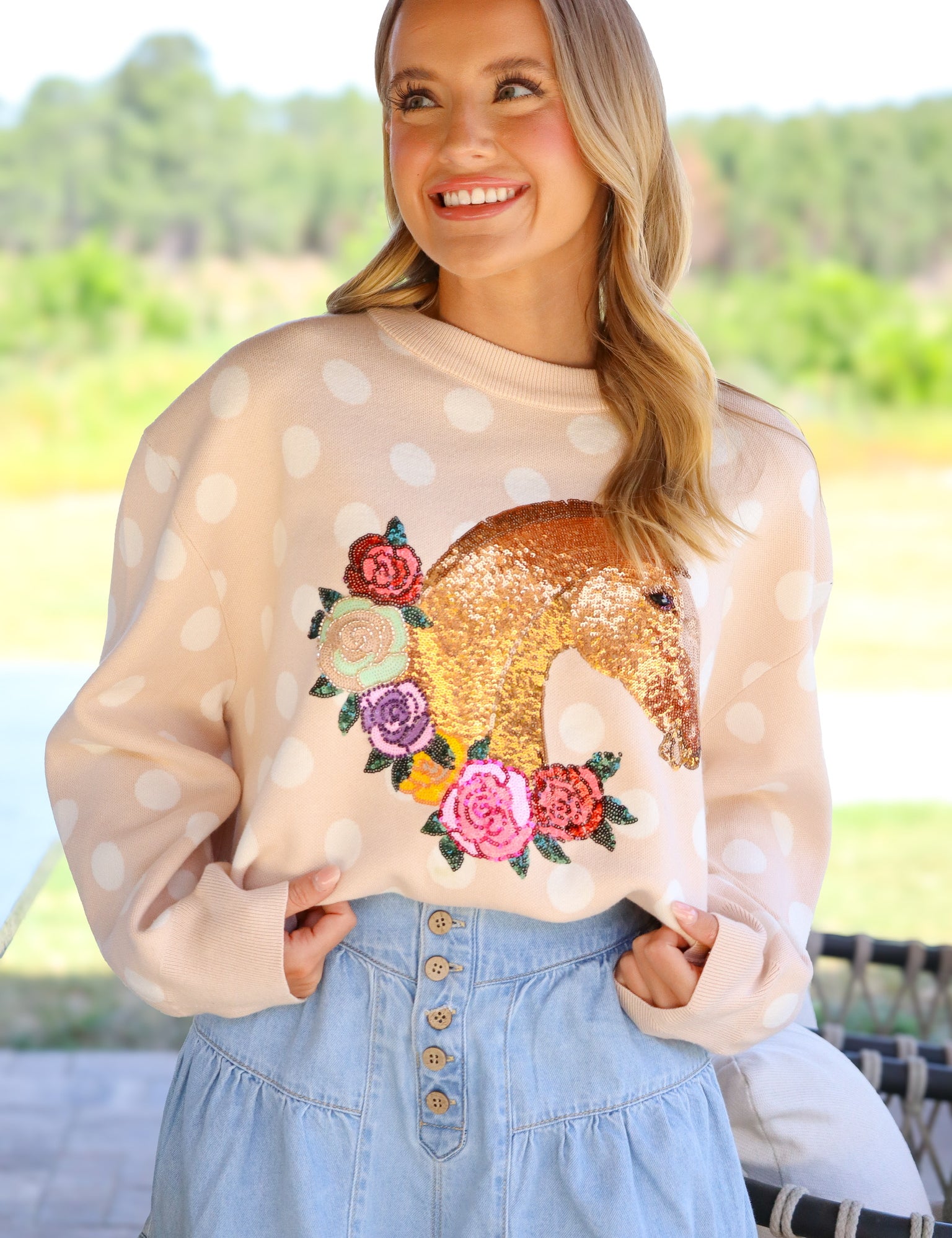 QOS Tan Polka Dot Horse Sweater