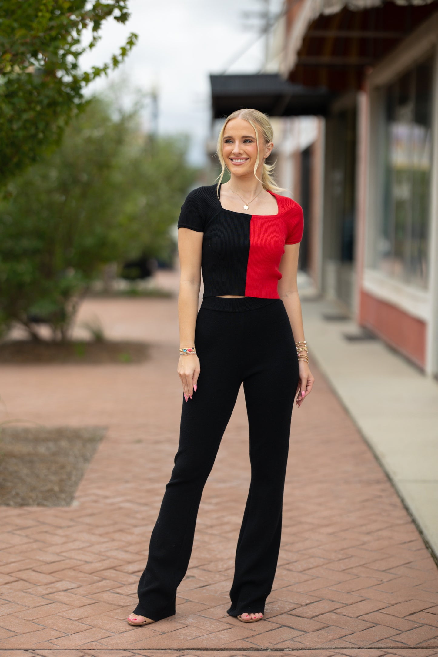 red and black square neck top