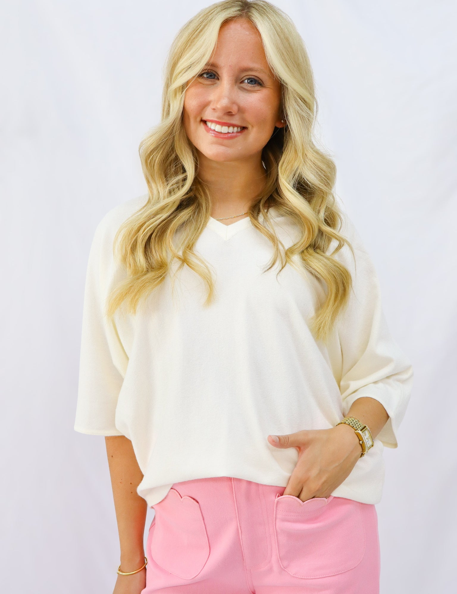 Ivory V-Neck Light Weight Sweater
