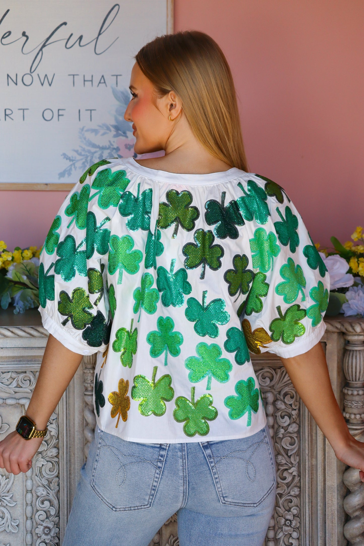 QOS White & Green Shamrock Button Up