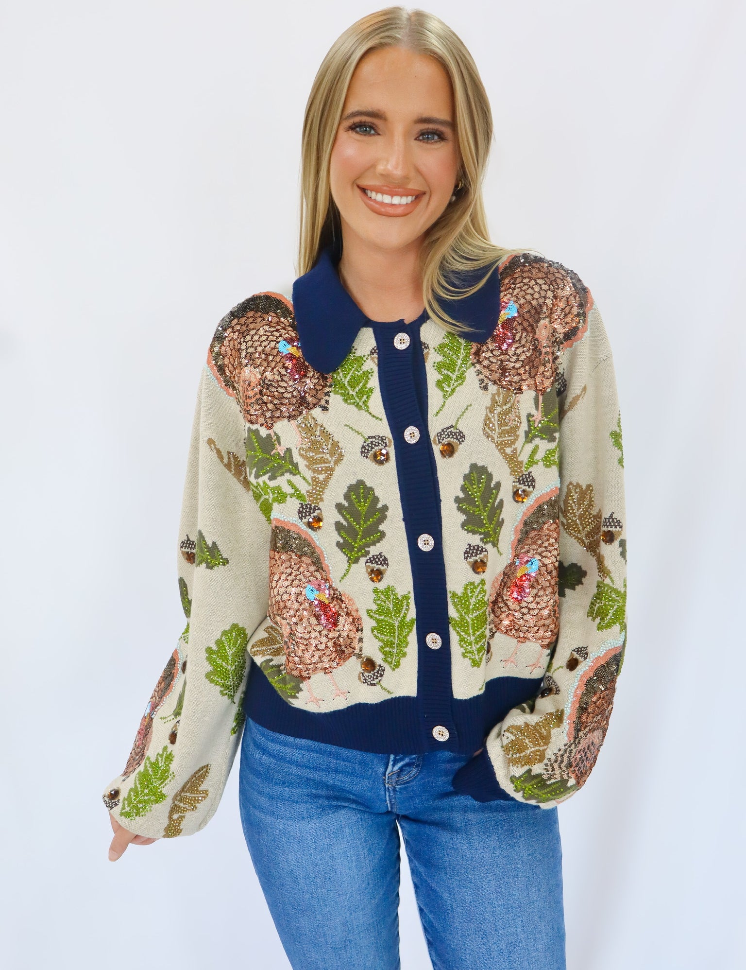QOS Navy Trim Button Up Turkey, Leaf & Acorn Button Up Cardigan