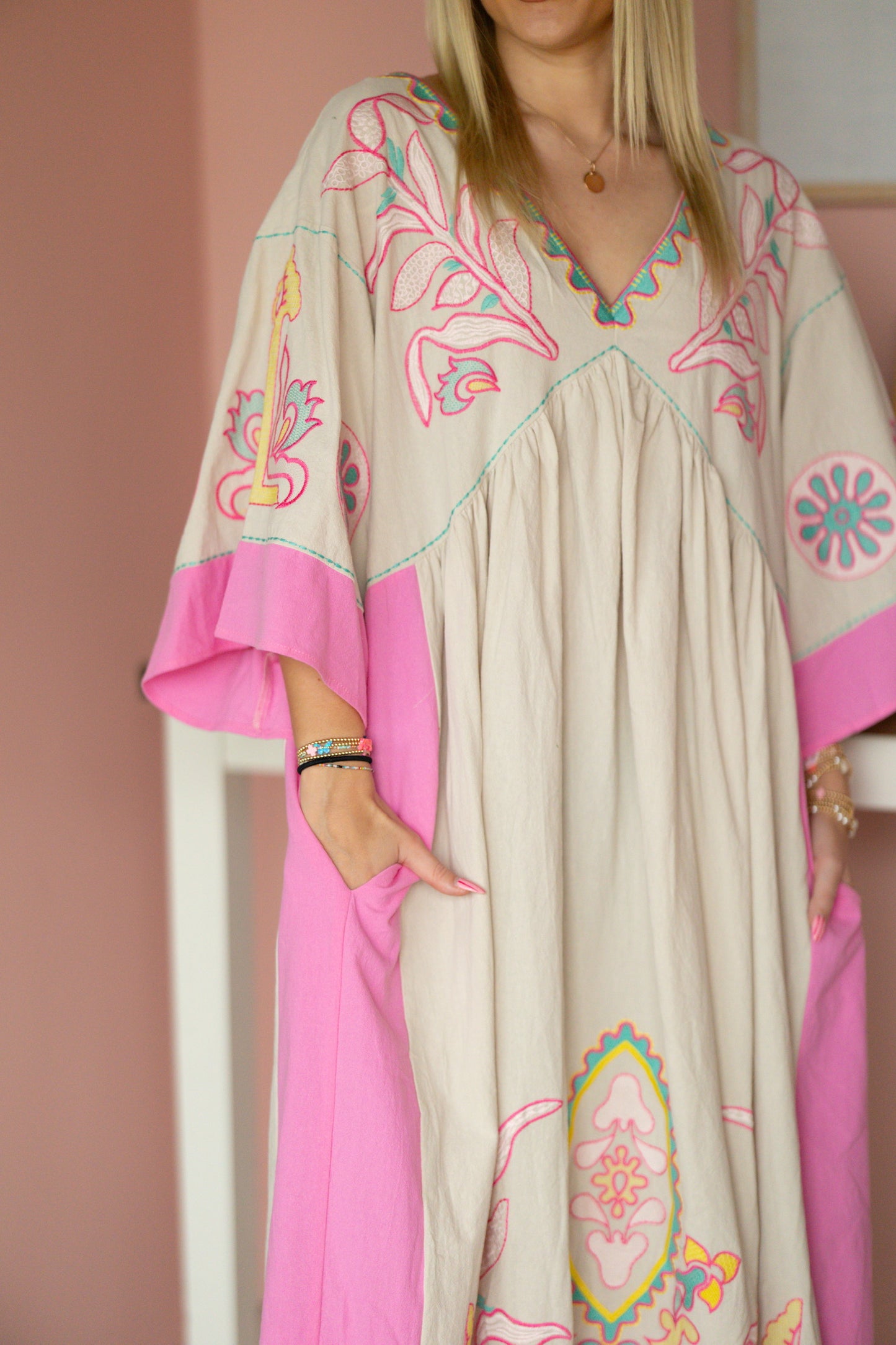 Taupe/Pink V-Neck Maxi Dress