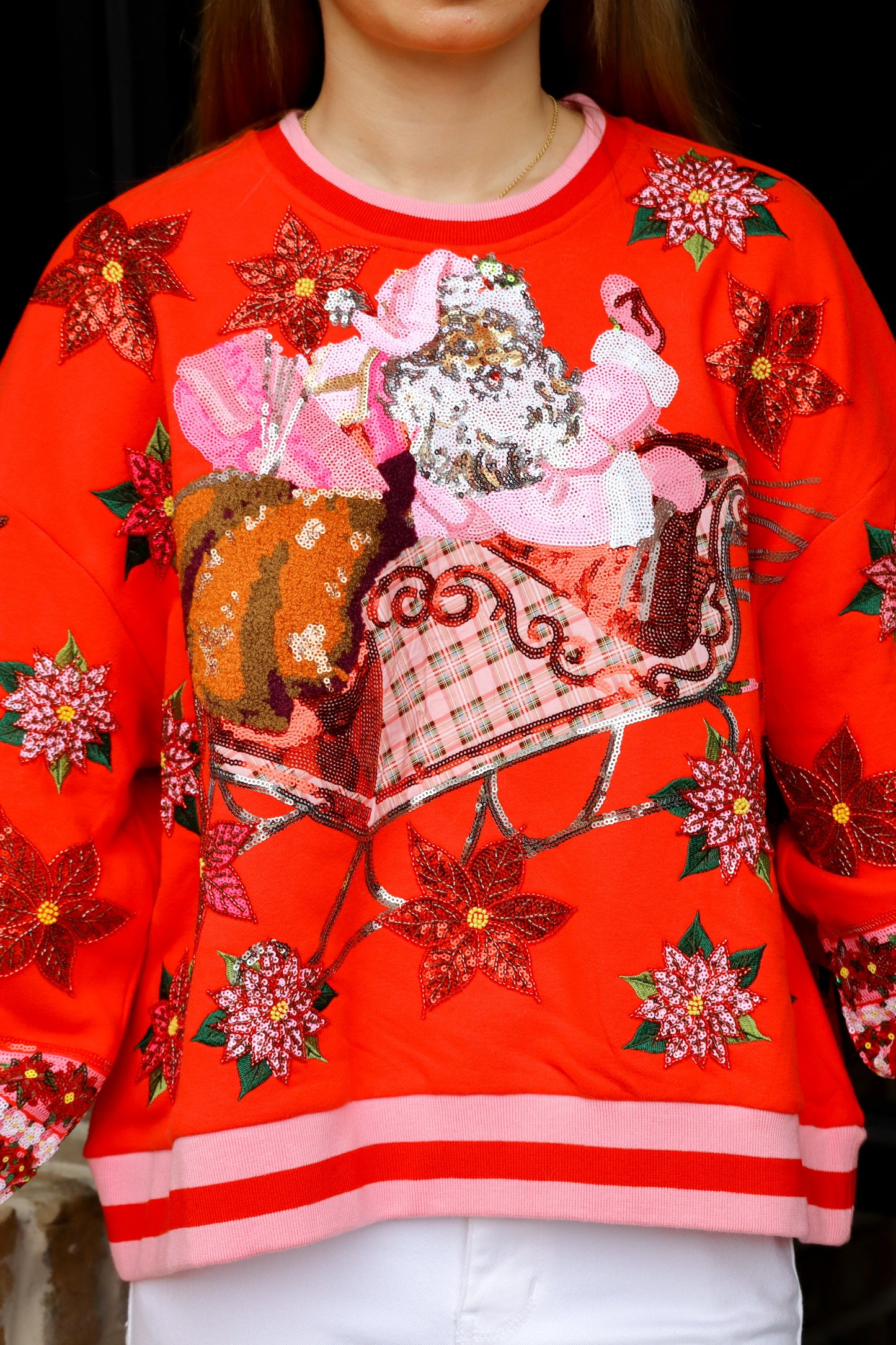 QOS Red & Red Vintage Poinsettia Sweatshirt