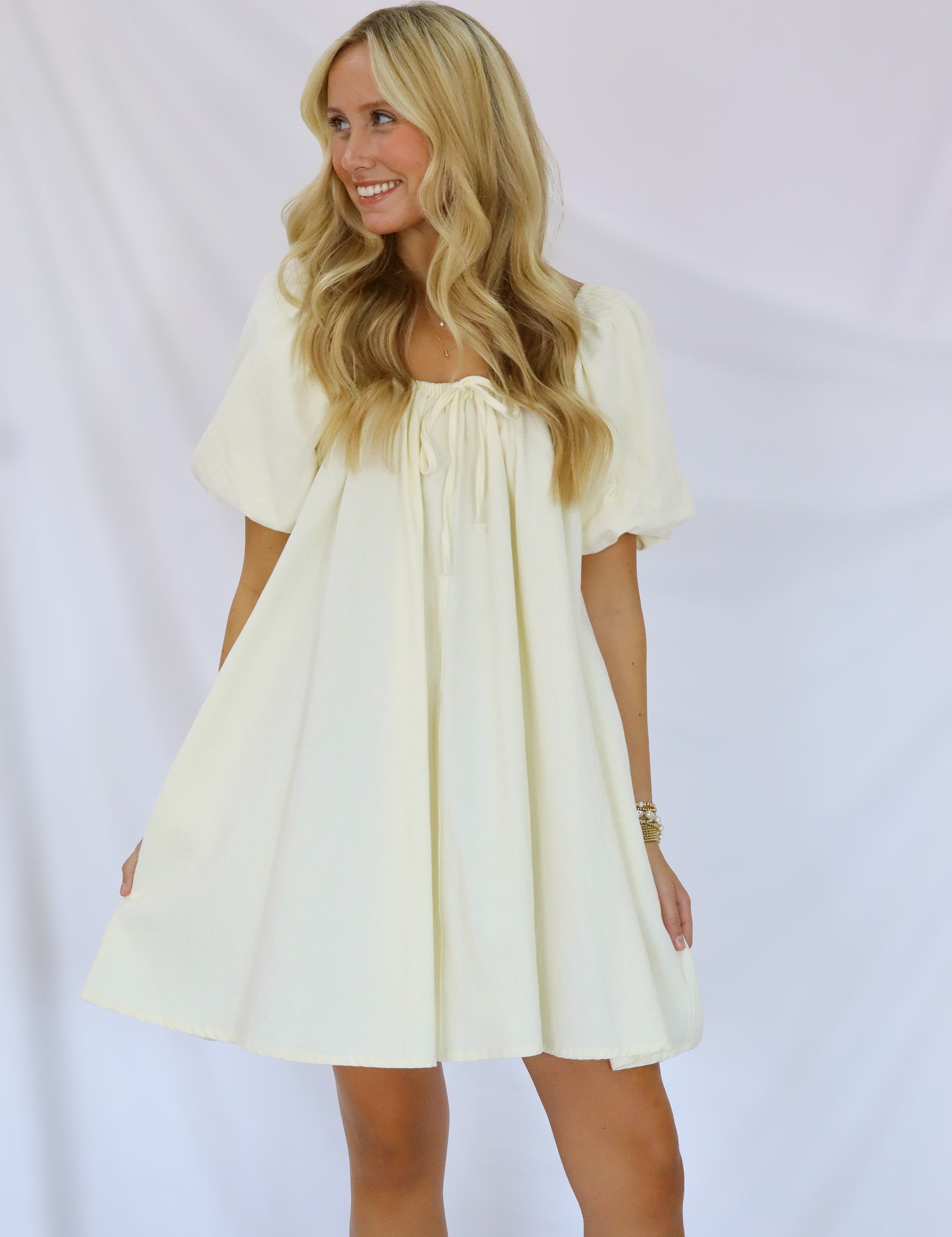 Cream Bubble Sleeve Dress