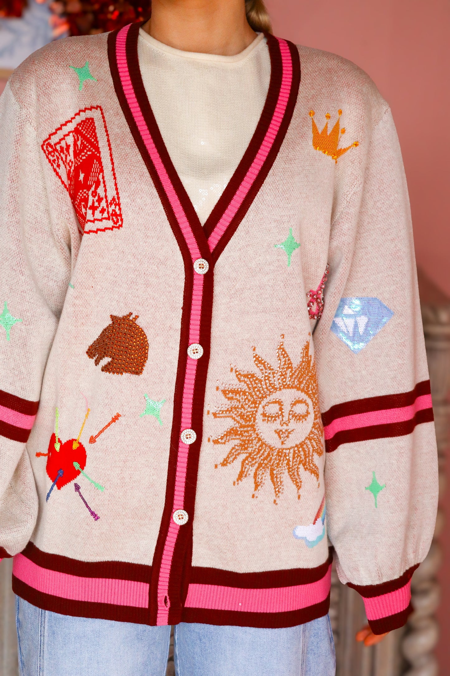 QOS Multi Icon Button Up Cardigan