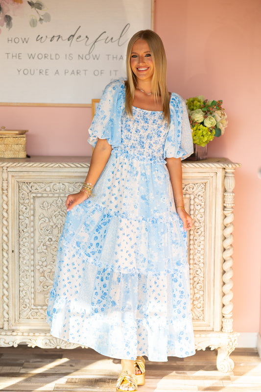 Blue Floral Patchwork Maxi Dress
