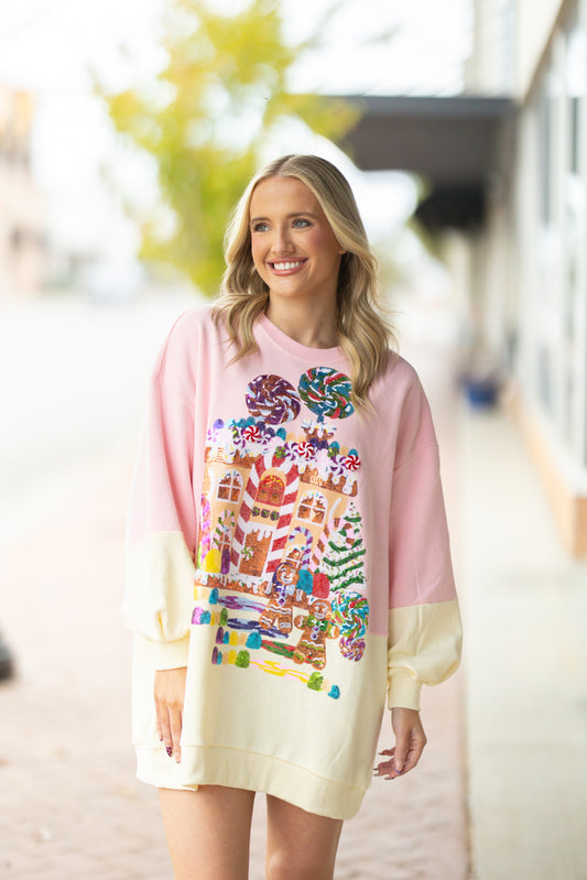 QOS Light Pink/Beige Gingerbread House Sweatshirt Dress