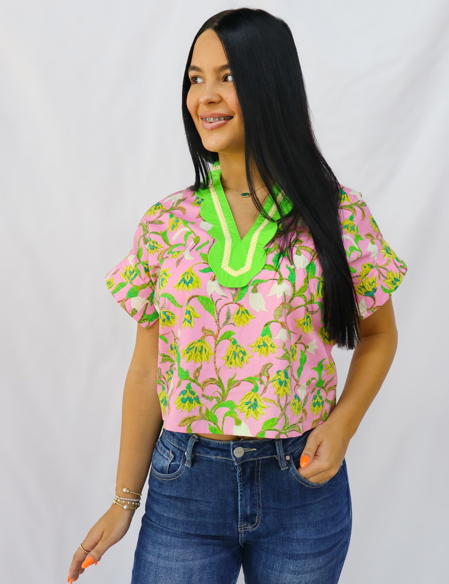 Pink And Green Floral Blouse