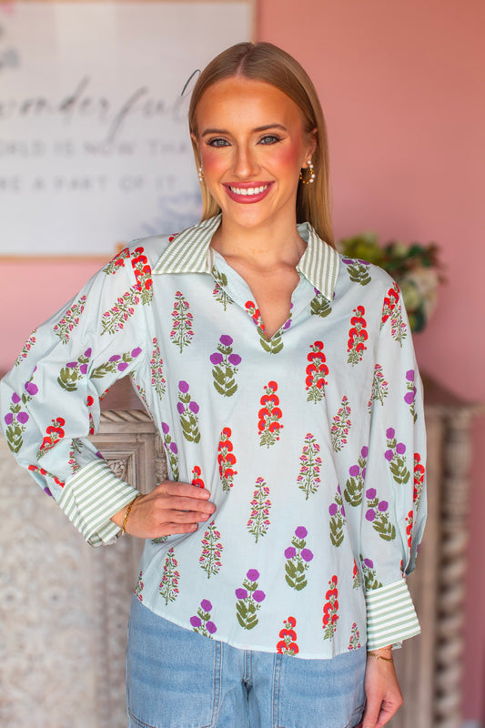 Minty Floral V-Neck Top