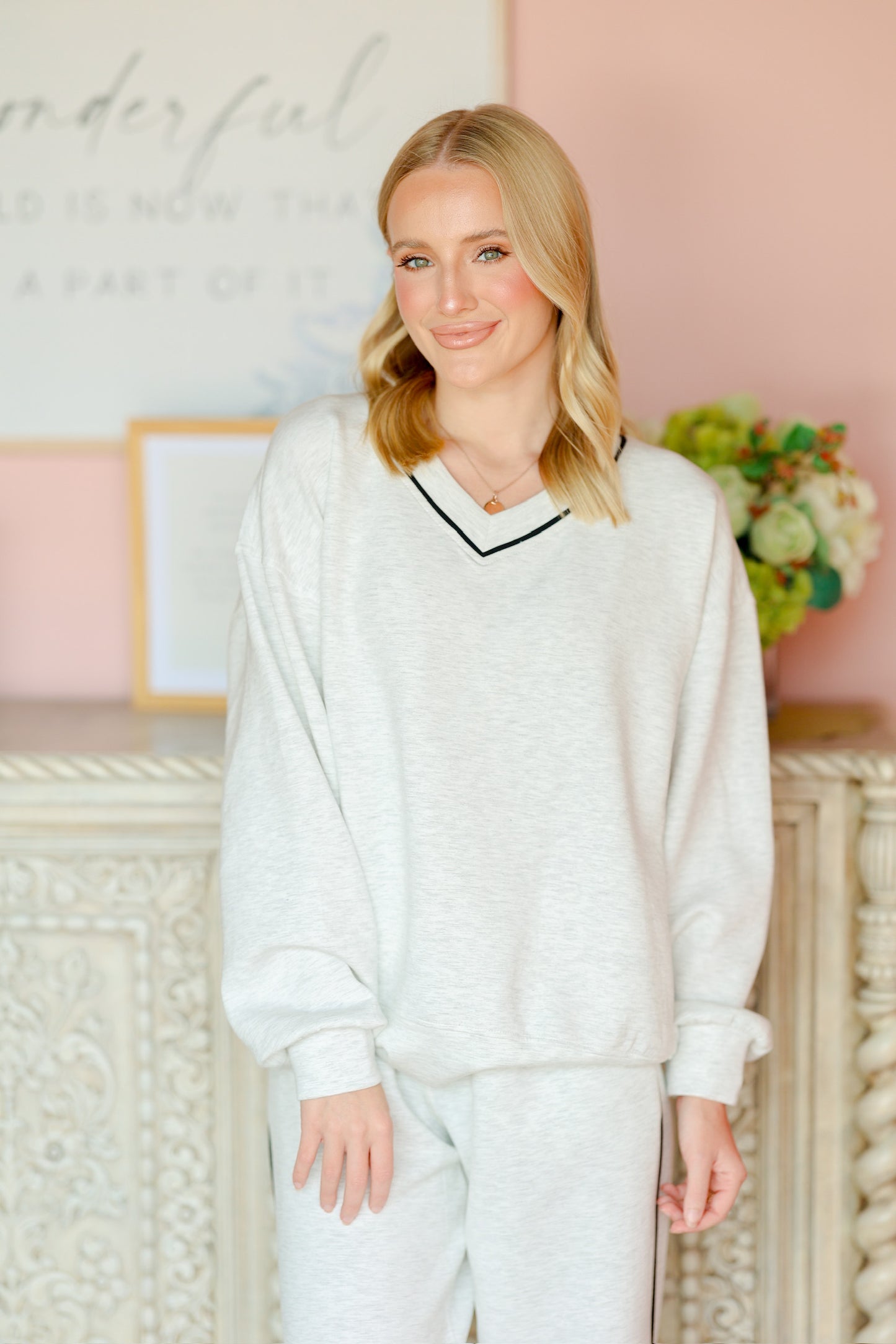 Grey & Black V-Neck Lined Set