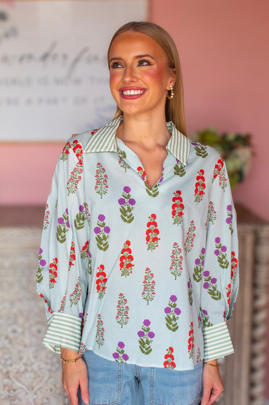 Minty Floral V-Neck Top