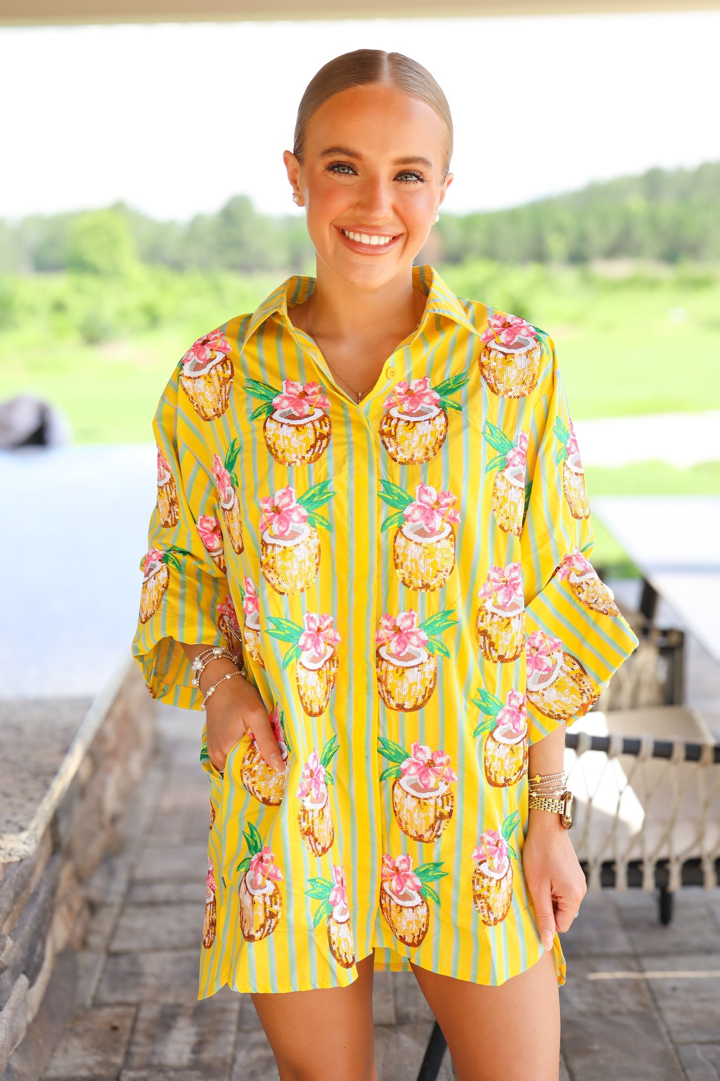 QOS Yellow Striped Coconut Drink Button Up Tunic