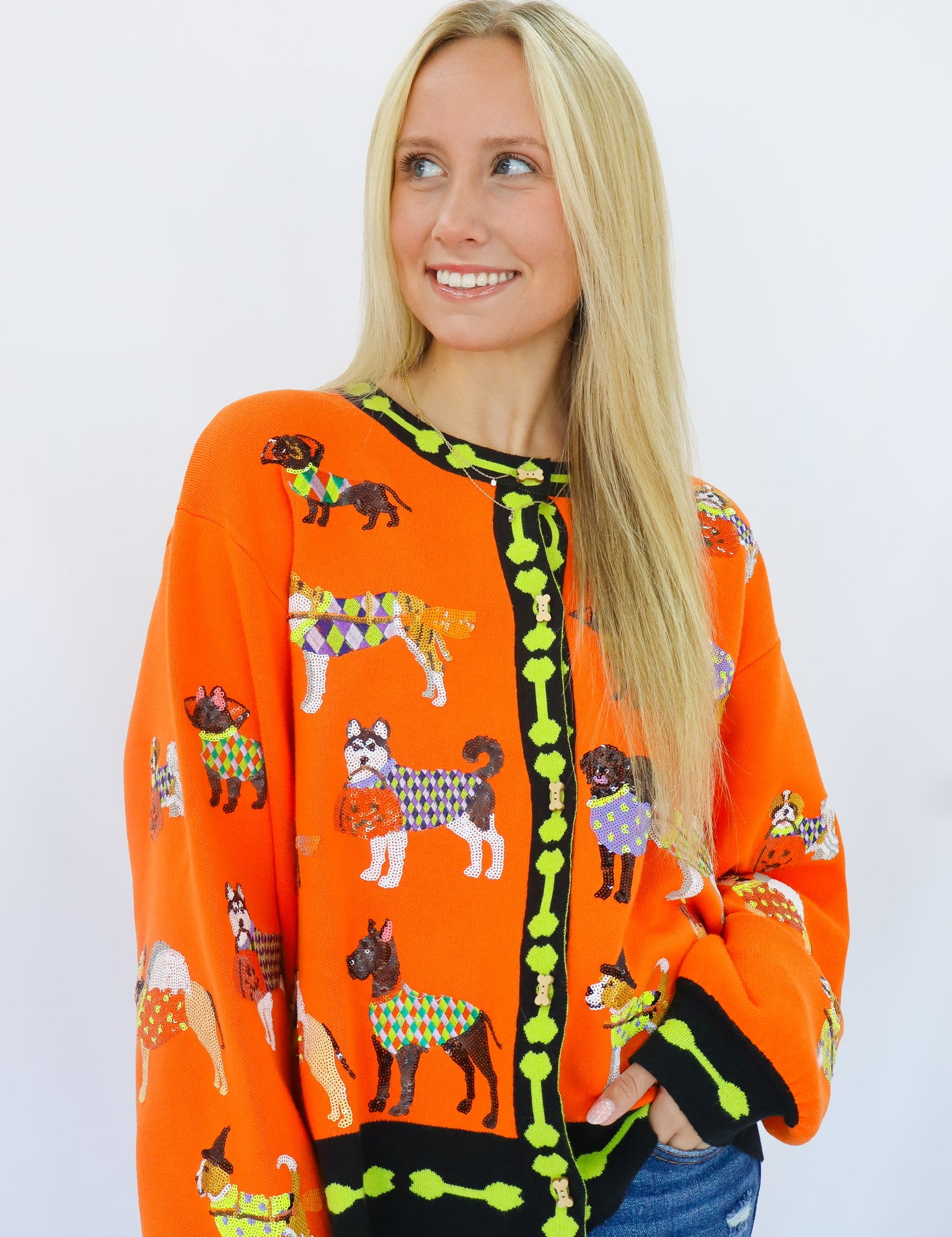 QOS Orange Halloween Dogs Button Up Cardigan