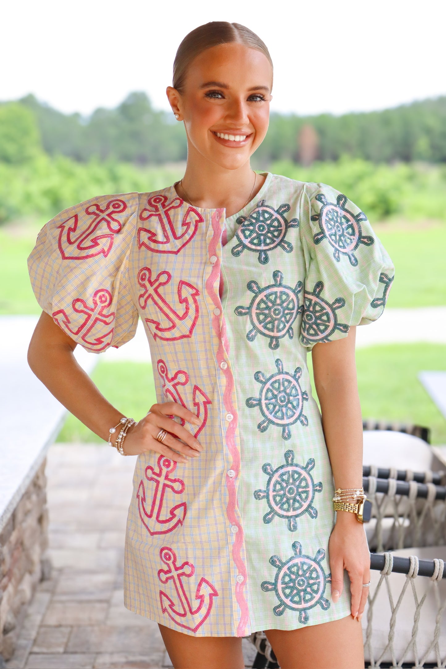 QOS Colorblock Plaid Anchor Button Up Poof Sleeve