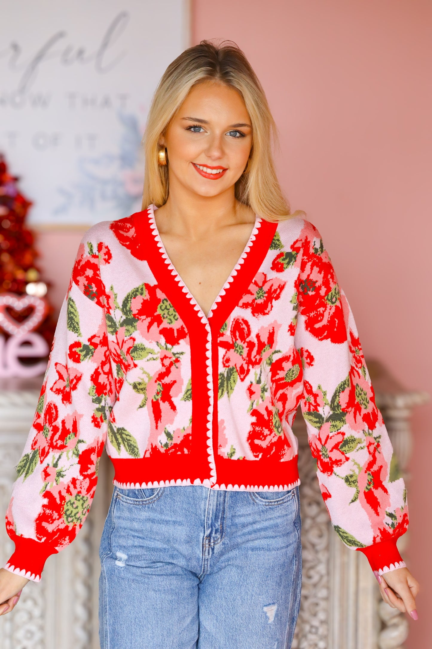 Pink & Red Floral Cardigan